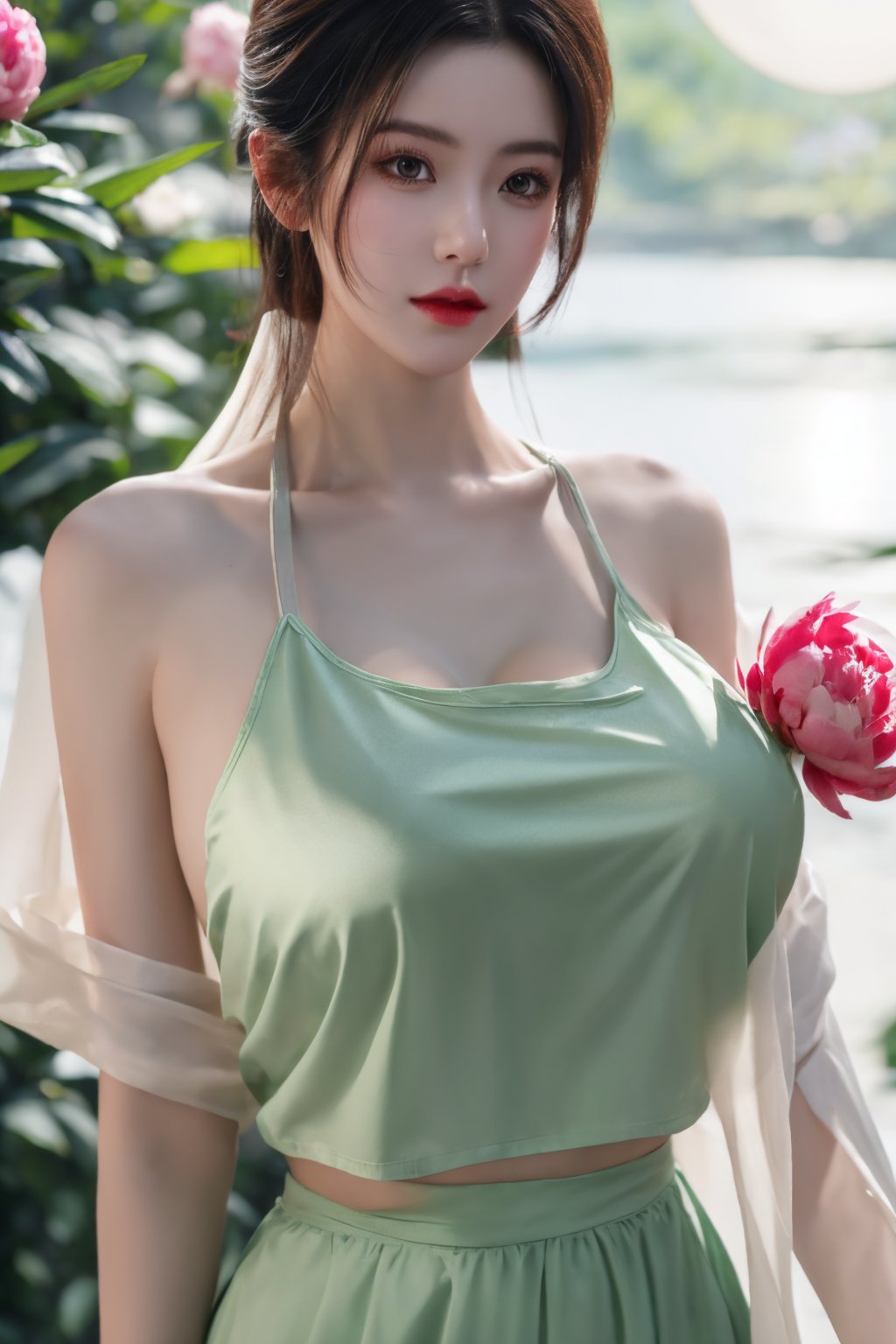 (8k, RAW photo, best quality, masterpiece:1.2), (realistic, photo-realistic:1.2)(raw photo) (extremely detailed CG unity 8k wallpaper) detailed and intricate, original,highres,looking at viewer,upper body,black hair,BREAK,(light green clothing:1.29),(big breasts:1.66),Xyunxiao,1girl,(full moon,Peony:1.29)