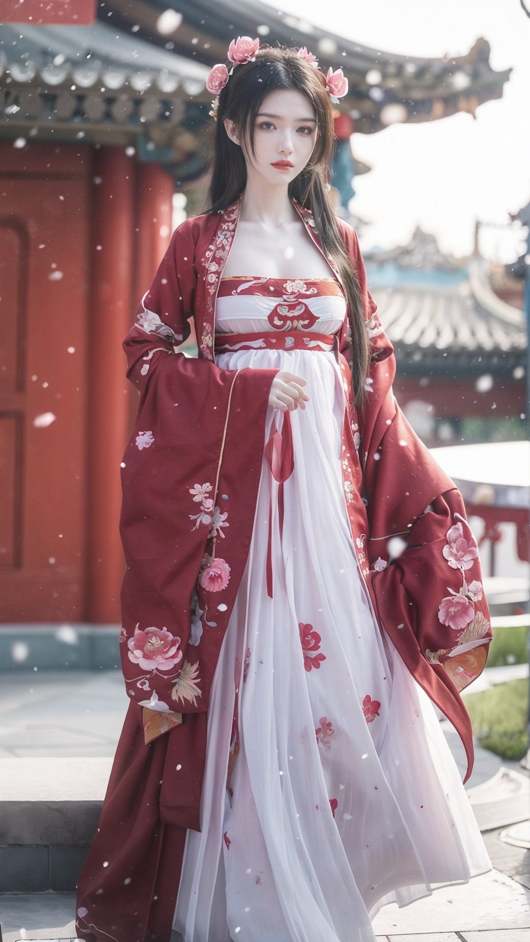 hanfu, Best Quality, masterpiece, (Snowing:1.3),1 girl, (long hair:1.2),  (big breasts:1.69),(Upper body photo:1.3),hanfu,18-year-old , exquisite , extreme face,creamy skin, fair skin,realistic skin details, (super-detail) , long hair, (big breasts:1.69),1girl,long skirt,long sleeves,(Peony flowers, plum blossoms:1.5),(flower:1.3),tangdynastyhanfu, hanfu2,myhanfu, chang,Sit on the steps, hands on hips