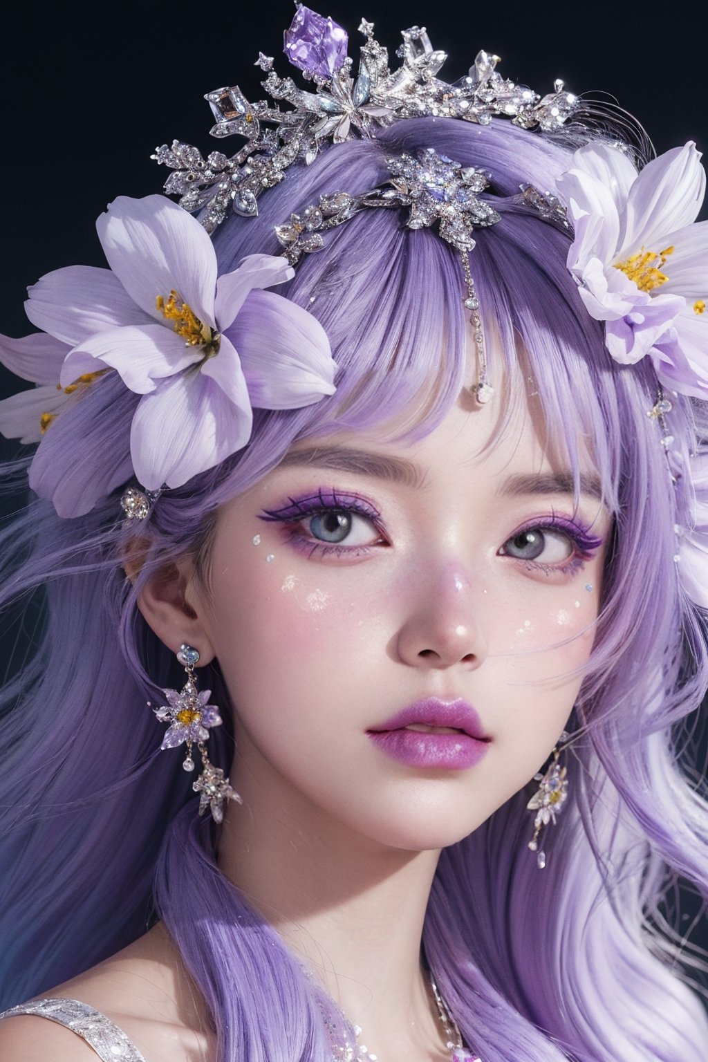 light purple theme,  snowflakes,  looking at viewer,  portrait,  colorful hair,  jewelry,  close up,  ultra high res,  deep shadow, (best quality,  masterpiece),  dimly lit,  shade, highly detailed,  bold makeup,  flower,  solid color background,  depth of field,  film grain,  fashion_girl,  accessories, High detailed, ,fashion_girl,dream_girl