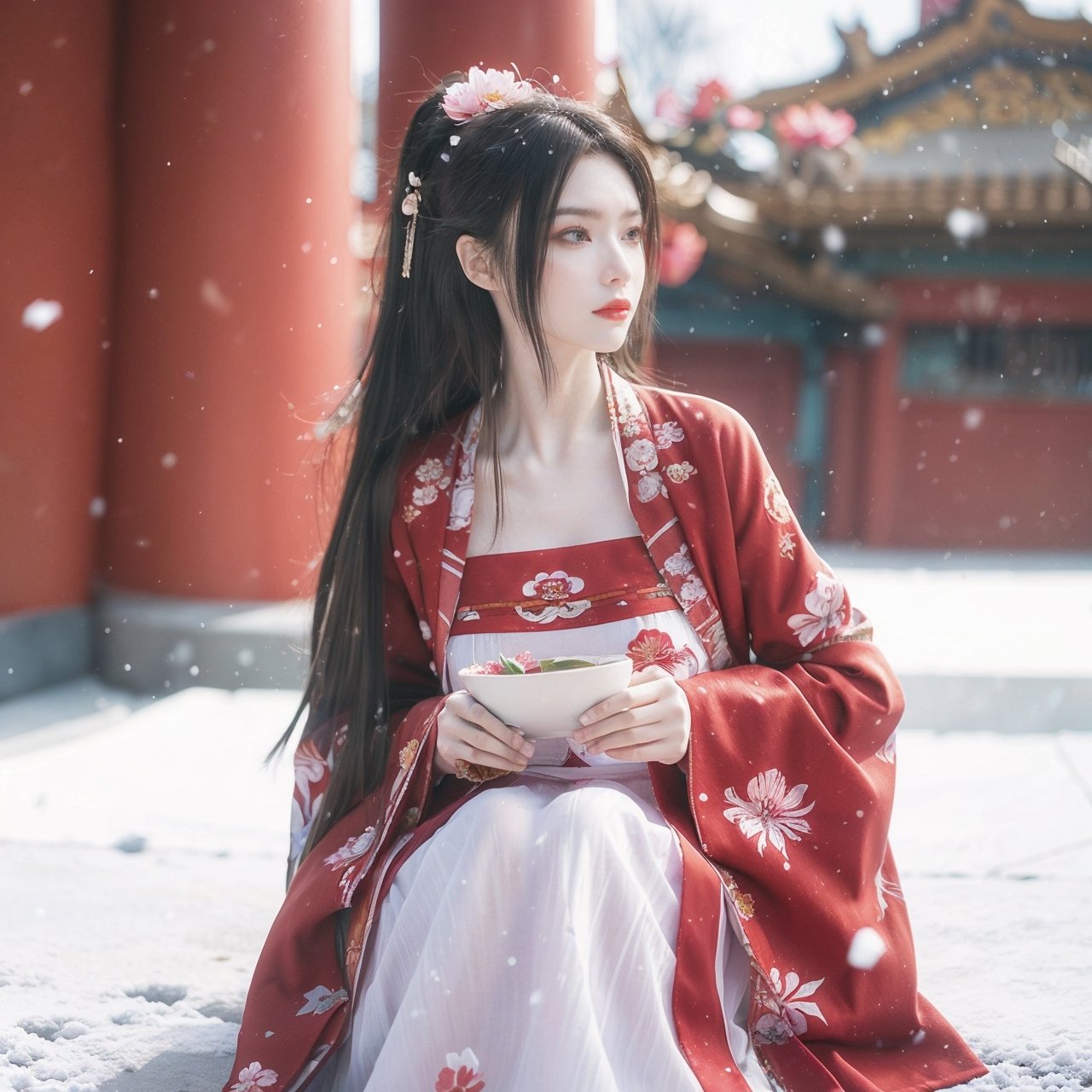 hanfu, Best Quality, masterpiece, (Snowing:1.3),1 girl, (long hair:1.2),  (big breasts:1.89),(Upper body photo:1.3),hanfu,18-year-old , exquisite , extreme face,creamy skin, fair skin,realistic skin details, (super-detail) , long hair, (big breasts:1.69),1girl,long skirt,long sleeves,(Peony flowers, plum blossoms:1.5),(flower:1.3),tangdynastyhanfu, hanfu2,myhanfu, chang,Sit on the steps, hands on hips