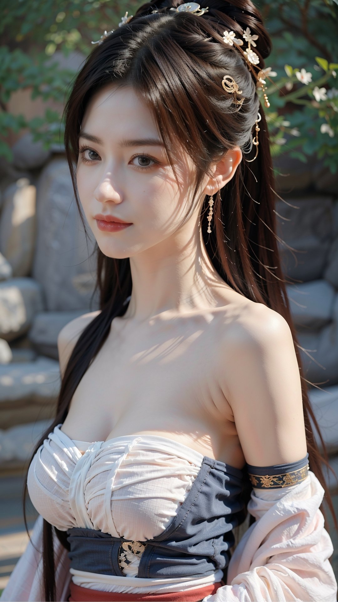 hanfu2, Best Quality, masterpiece, Super High Resolution, , 1 girl, (long hair:1.2),  (big breasts:1.3),hanfu, pure beauty, girlish, flush, 18-year-old, 18-year-old,smiling, pure beauty, naive, oval face, big eyes, long eyelashes, exquisite (realistic style) ,  extreme face, photo-level lighting, sharp features, creamy skin, fair skin, high-detail skin, realistic skin details, visible pores, (super-detail) , (perfect body: 1.1) , long hair, (dynamic pose) , (dynamic background (volume light: 1.3)) , breasts,1girl,bare shoulders