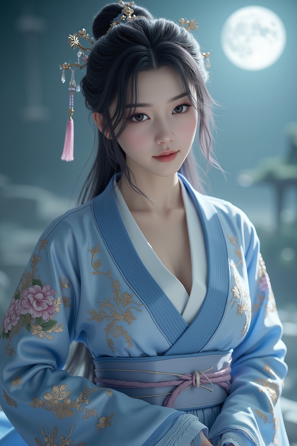 (8k, RAW photo, best quality, masterpiece:1.2), (realistic, photo-realistic:1.2)(raw photo) , detailed and intricate, original,highres,looking at viewer,upper body,black hair,BREAK,(light blue hanfu:1.29),(huge breasts:2.39),Xyunxiao,1girl,(full moon,Peony:1.36),BREAK,(Chinese Phoenix pattern embroidery:1.26),wonder beauty