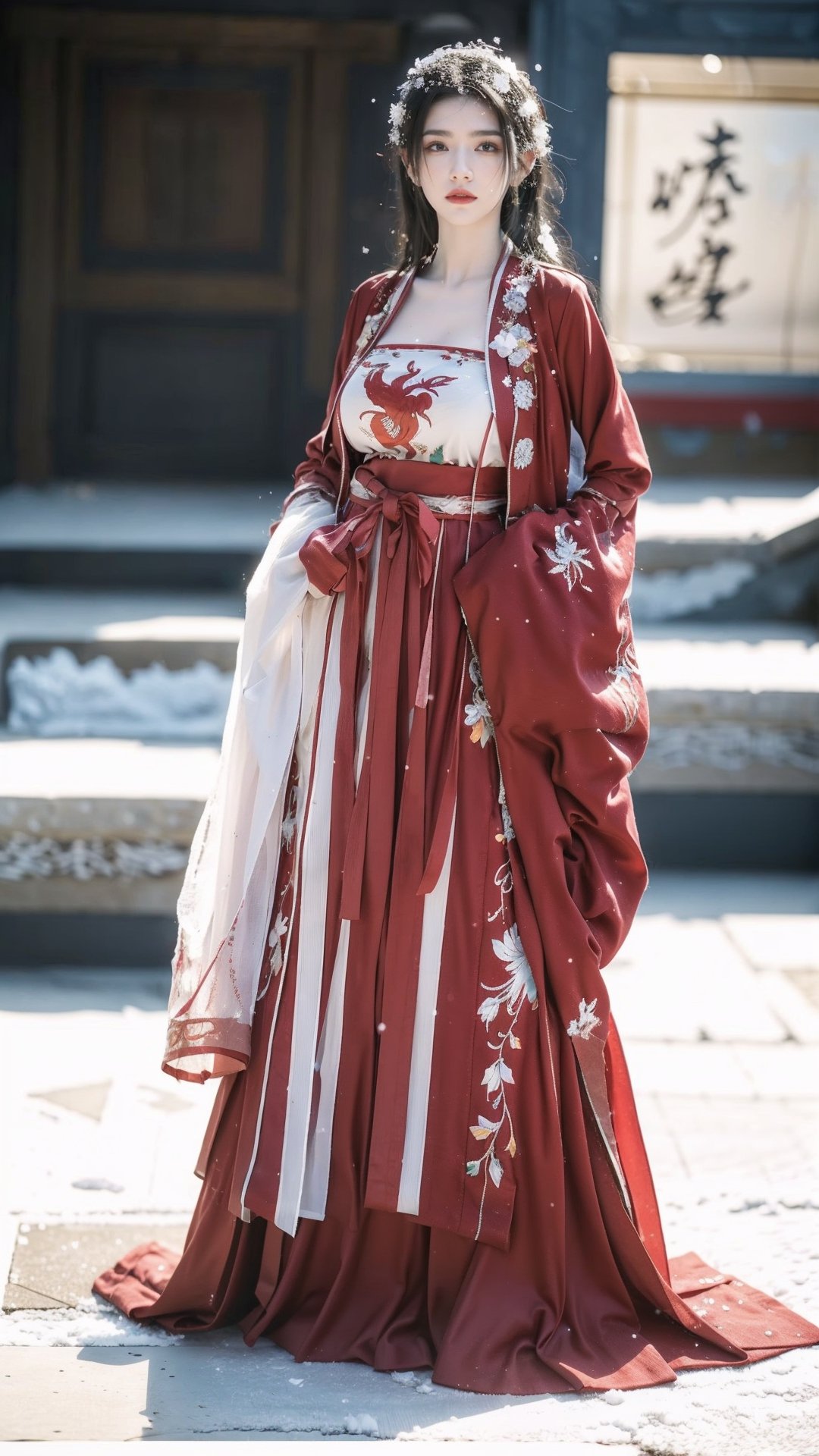 hanfu, Best Quality, masterpiece, (Snowing:1.5),1 girl, (long hair:1.2),  (big breasts:1.69),(Upper body photo:1.3),hanfu,18-year-old , exquisite , extreme face,creamy skin, fair skin,realistic skin details, (super-detail) , long hair, (big breasts:1.59),1girl,long skirt,long sleeves,flower,tangdynastyhanfu, hanfu2,myhanfu, chang,Sit on the steps, squat on the ground, hands on hips