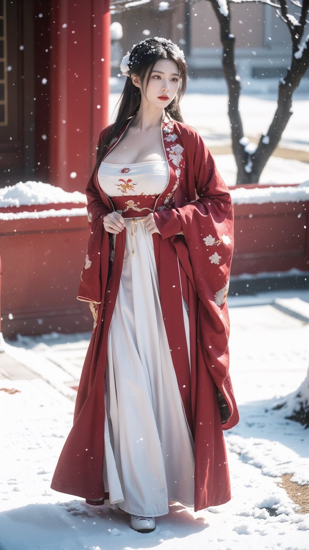 hanfu2, Best Quality, masterpiece, Super High Resolution, (realistic: 1.4) , (Snowing:1.6), 1 girl, (long hair:1.2),  (big breasts:1.59),hanfu,18-year-old,  (best quality, 8k, Masterpiece: 1.3) , exquisite (realistic style) , extreme face, photo-level lighting,  creamy skin, fair skin, high-detail skin, realistic skin details, visible pores, (super-detail) , (perfect body:1.2) , long hair, (dynamic pose:1.3) , (big breasts:1.66),1girl,long skirt,long sleeves,HOG_Calligraphy_Tatoo,myhanfu,moyou,embroidered flower patterns,tangdynastyhanfu, chang