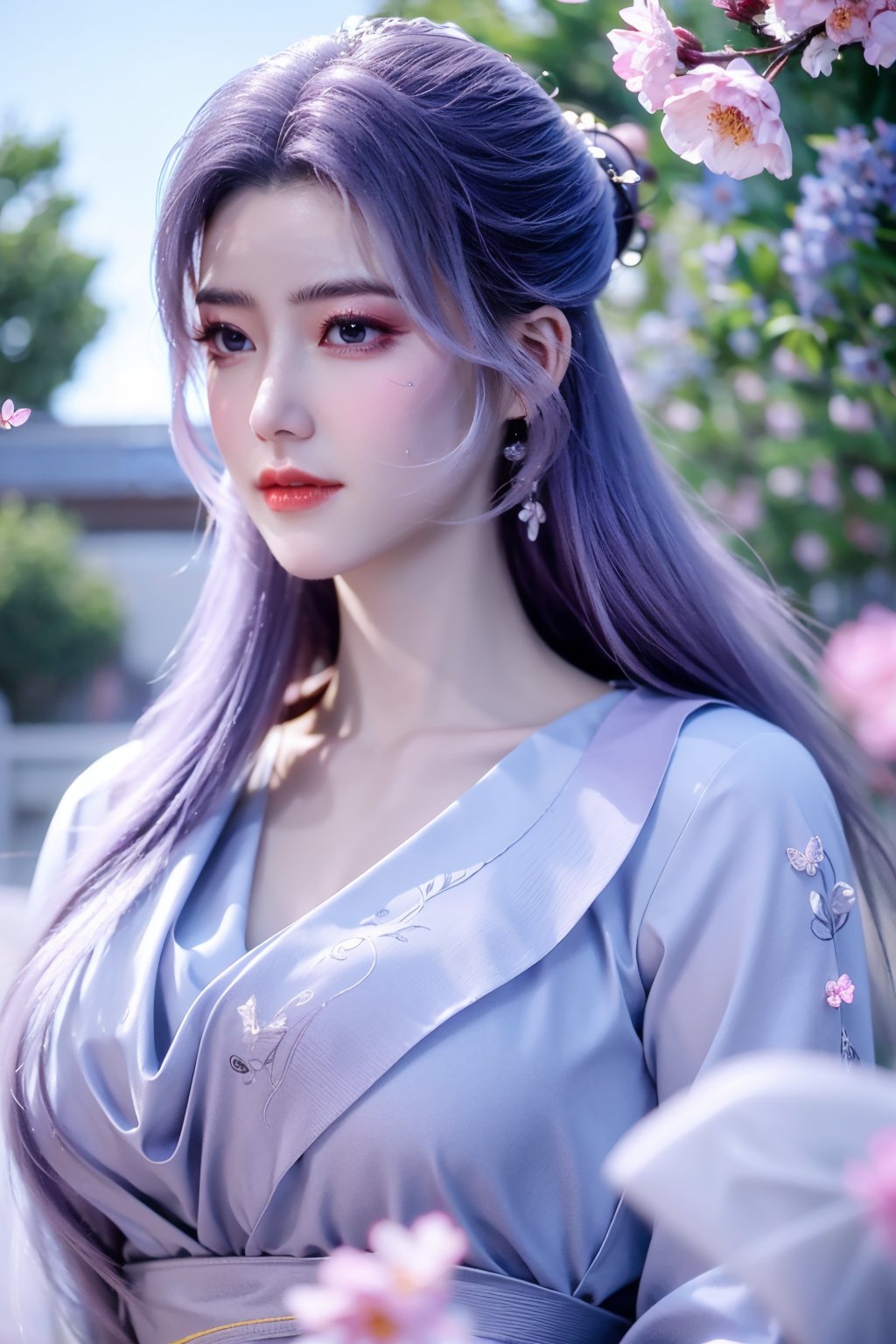 (masterpiece, best quality:1.2), highres, extremely detailed, 1 girl, purple hair, eye highlights,purple dress, frills, outdoors, flower, fluttering petals, upper body, depth of field,pastel color, Depth of field,garden of the sun,shiny,flowers, garden, 1girl, butterfly style, butterflies, ultra detailed, glary,Light, light particles,glitter,reflect,,(big breasts:1.39),Xyunxiao,sky_moon,hanfu