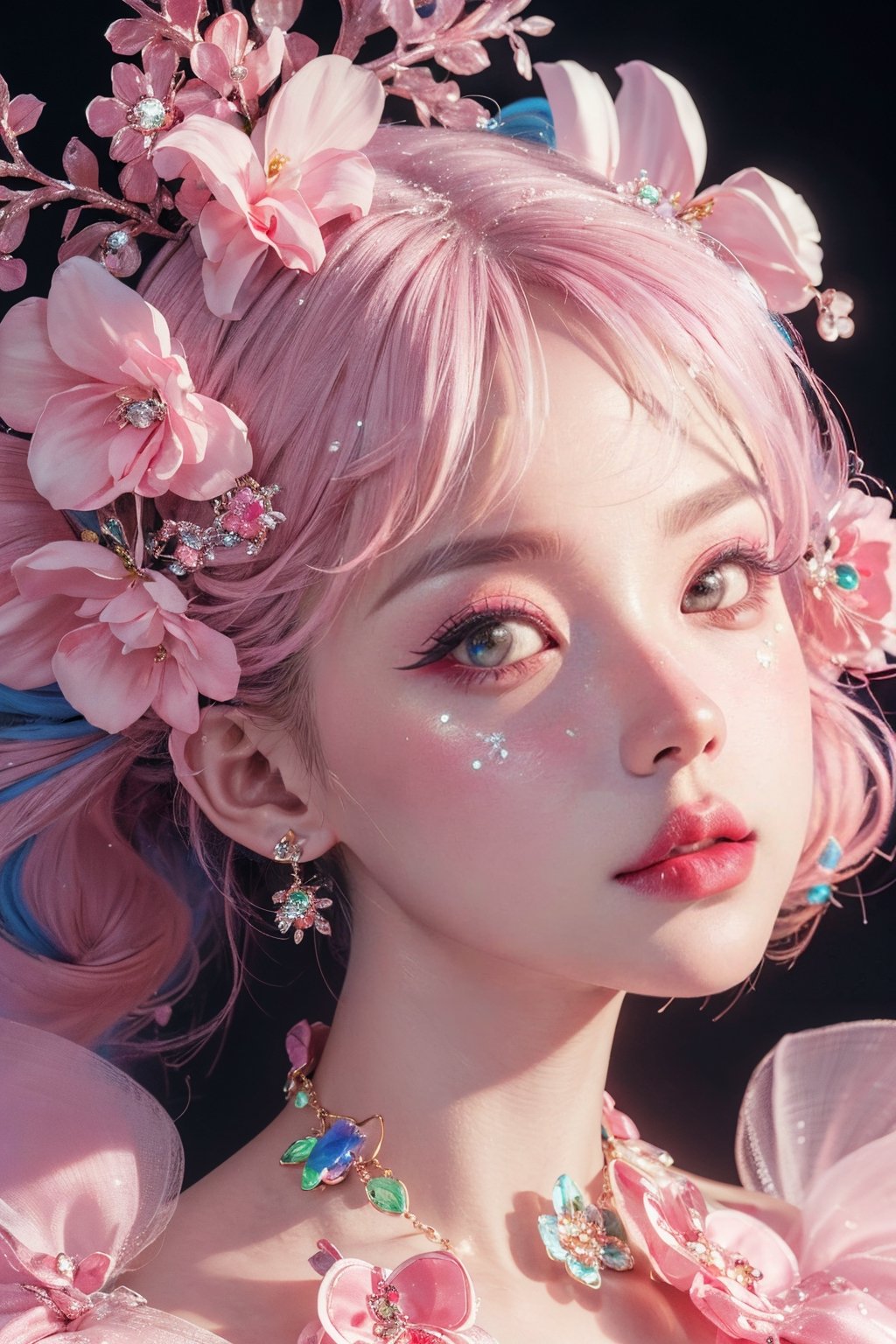 pink theme,  snowflakes,  looking at viewer,  portrait,  colorful hair,  jewelry,  close up,  ultra high res,  deep shadow, (best quality,  masterpiece),  dimly lit,  shade, highly detailed,  bold makeup,  flower,  simple background,  depth of field,  film grain,  fashion_girl,  accessories, High detailed, ,fashion_girl