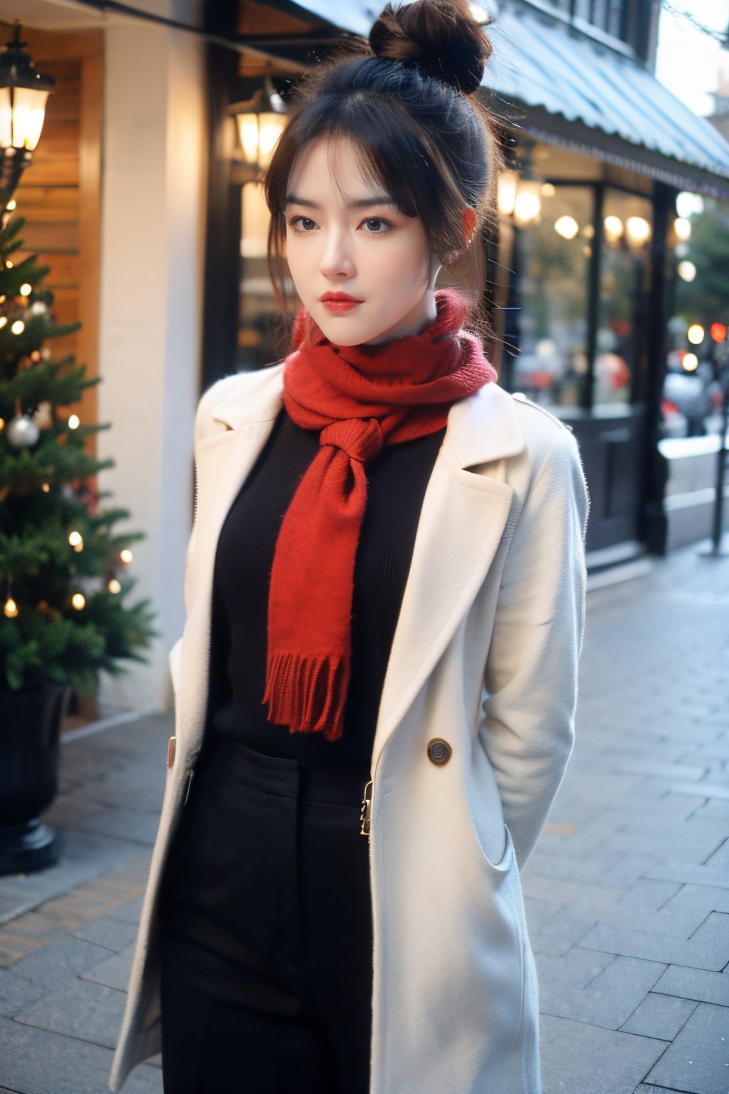 1girl,moyou,christmas theme,,(navel exposed suit:0.1),(scarf:1.1),arms_behind_back,Young beauty spirit 