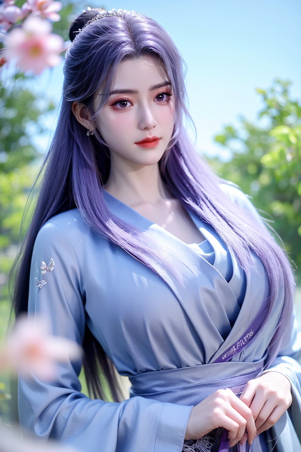 (masterpiece, best quality:1.2), highres, extremely detailed, 1 girl, purple hair, eye highlights,purple dress, frills, outdoors, flower, fluttering petals, upper body, depth of field,pastel color, Depth of field,garden of the sun,shiny,flowers, garden, 1girl, butterfly style, butterflies, ultra detailed, glary,Light, light particles,glitter,reflect,,(big breasts:1.52),Xyunxiao,sky_moon,hanfu