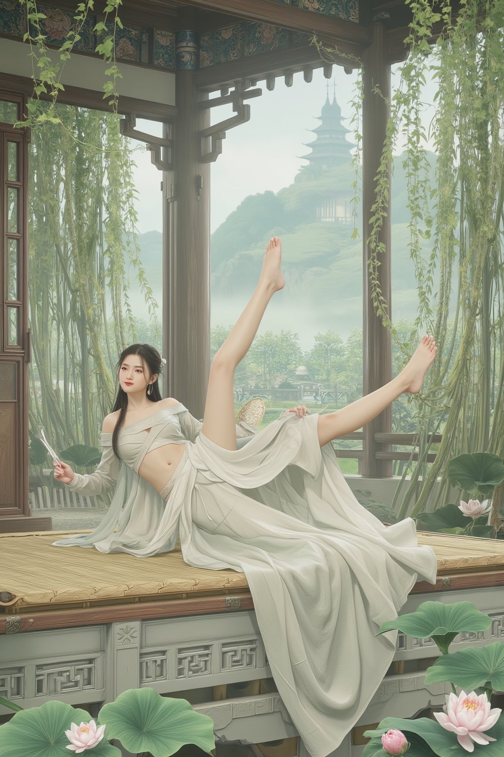 (nude,nsfw:2),((1girl)),solo,lying on back on bamboo mat bed in garden,paper fan,thin hanfu,foggy,(curtain),(bamboo forest),(huge breasts:2.2),(nude,nsfw:2.1),(Spread your legs and expose your vagina:1.55),tiles roof,translucent silk chiffon hanfu,light green and white,off shoulders,chinese painting,gongbi style,water_color,(grapevineman:1.4),(trees, artificial mountain, green lotus  leaves,light pink lotus flowers),koi,wooden windows,doors,bed,stone,trandional architecture,temple,tower,wall,chinese garden,long hair,full body,flat breasts,covered nipples,bangs,(masterpiece, Extremely detailed, best quality, highres:1.2),(ultra_detailed, UHD:1.2),soft smile,nsfw,huyefo,1girl,see-through,sagging breasts,pussy,bsp,daxiushan,daxiushan style,xxmixgirl