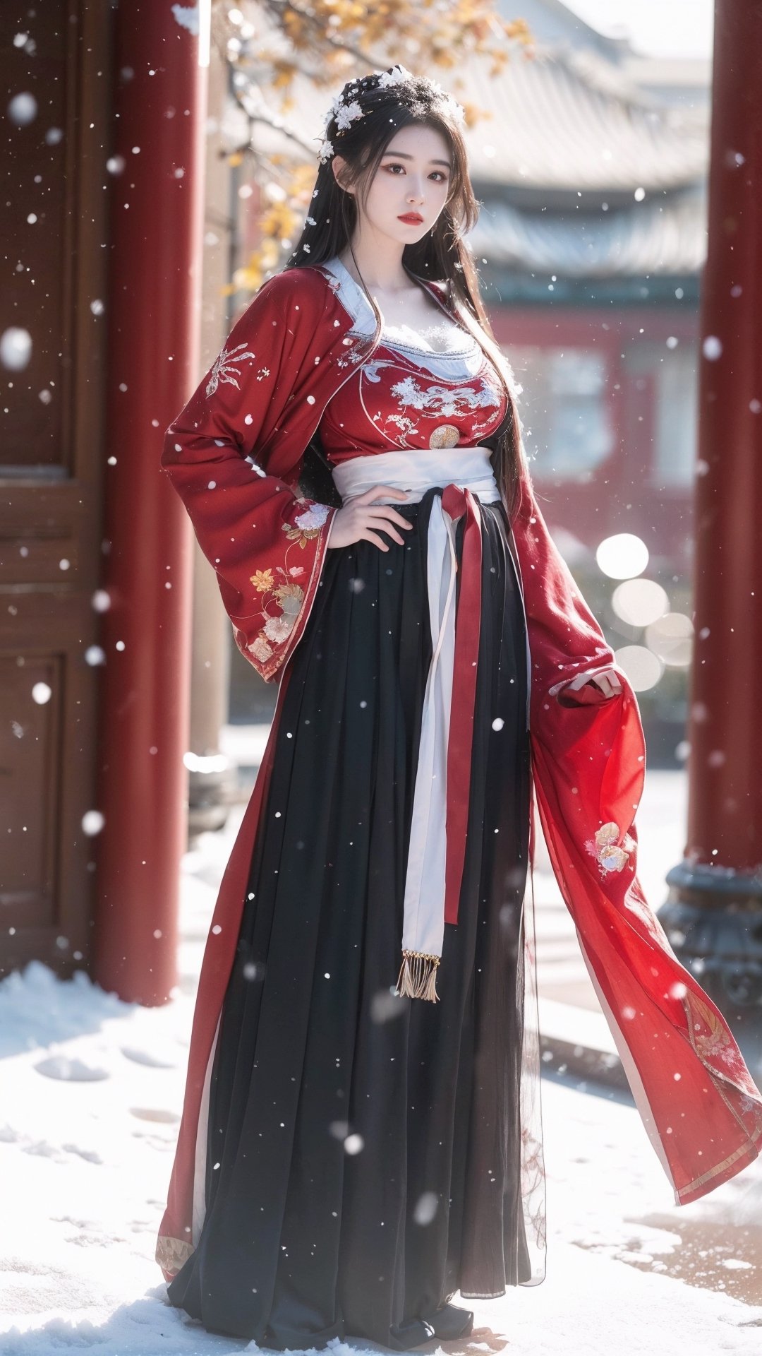 hanfu2, Best Quality, masterpiece, Super High Resolution, (realistic: 1.4) , (Snowing:1.6), 1 girl, (long hair:1.2),  (big breasts:1.59),hanfu,18-year-old,  (best quality, 8k, Masterpiece: 1.3) , exquisite (realistic style) , extreme face, photo-level lighting,  creamy skin, fair skin, high-detail skin, realistic skin details, visible pores, (super-detail) , (perfect body: 1.1) , long hair, (dynamic pose:1.3) , (big breasts:1.6),1girl,long skirt,long sleeves,HOG_Calligraphy_Tatoo,myhanfu,moyou,embroidered flower patterns,tangdynastyhanfu