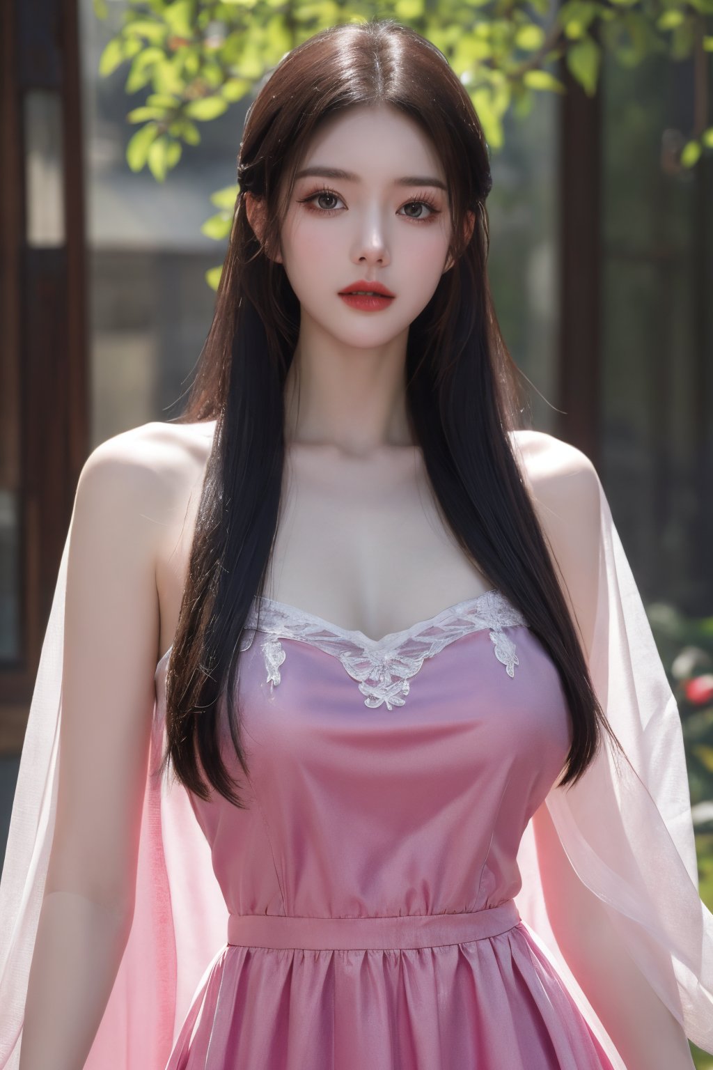 (8k, RAW photo, best quality, masterpiece:1.2), (realistic, photo-realistic:1.2)(raw photo) (extremely detailed CG unity 8k wallpaper) detailed and intricate, original,highres,[1girl:background:0.6],long hair,(long dress:1.23),looking at viewer,upper body,(light pink clothing:1.23),(big breasts:1.52),Xyunxiao,1girl,Xziling,underwear,Dudou,dudou