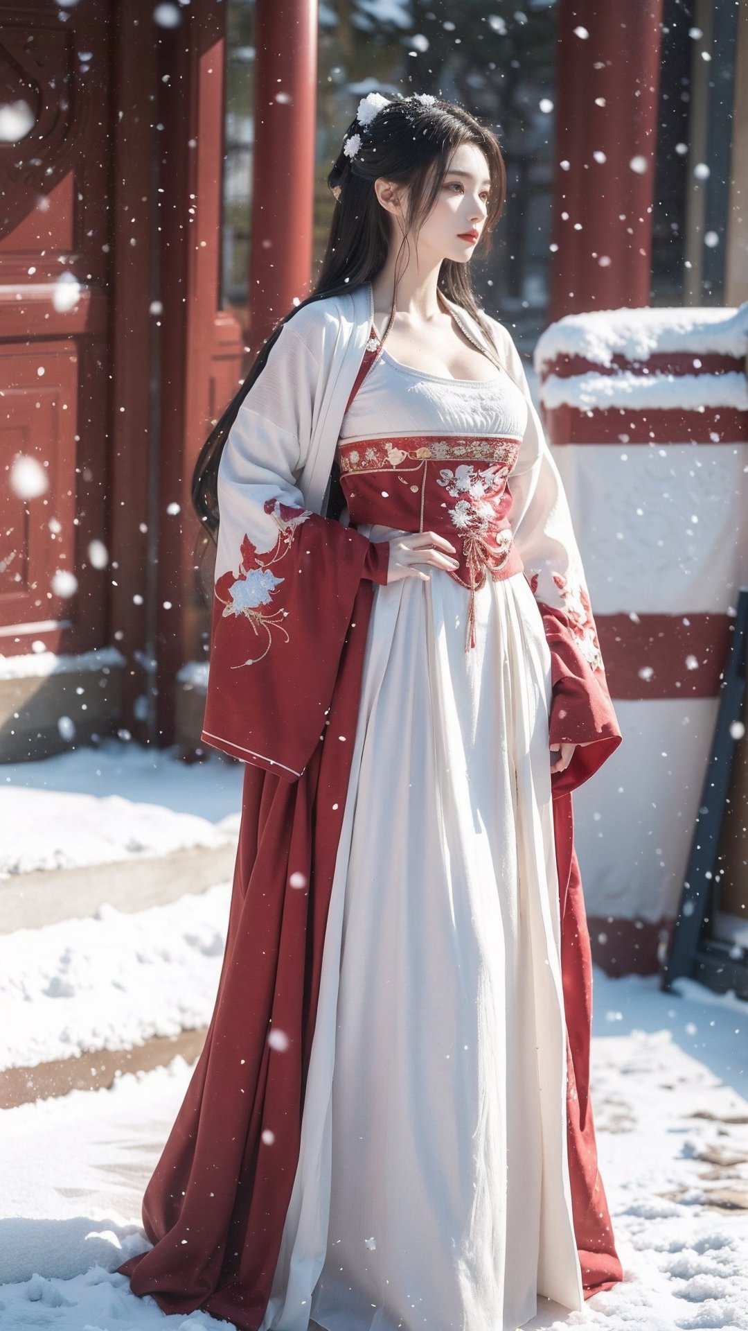 hanfu2, Best Quality, masterpiece, Super High Resolution, (realistic: 1.4) , (Snowing:1.6), 1 girl, (long hair:1.2),  (big breasts:1.59),hanfu,18-year-old,  (best quality, 8k, Masterpiece: 1.3) , exquisite (realistic style) , extreme face, photo-level lighting,  creamy skin, fair skin, high-detail skin, realistic skin details, visible pores, (super-detail) , (perfect body:1.2) , long hair, (dynamic pose:1.3) , (big breasts:1.66),1girl,long skirt,long sleeves,HOG_Calligraphy_Tatoo,myhanfu,moyou,embroidered flower patterns,tangdynastyhanfu, chang