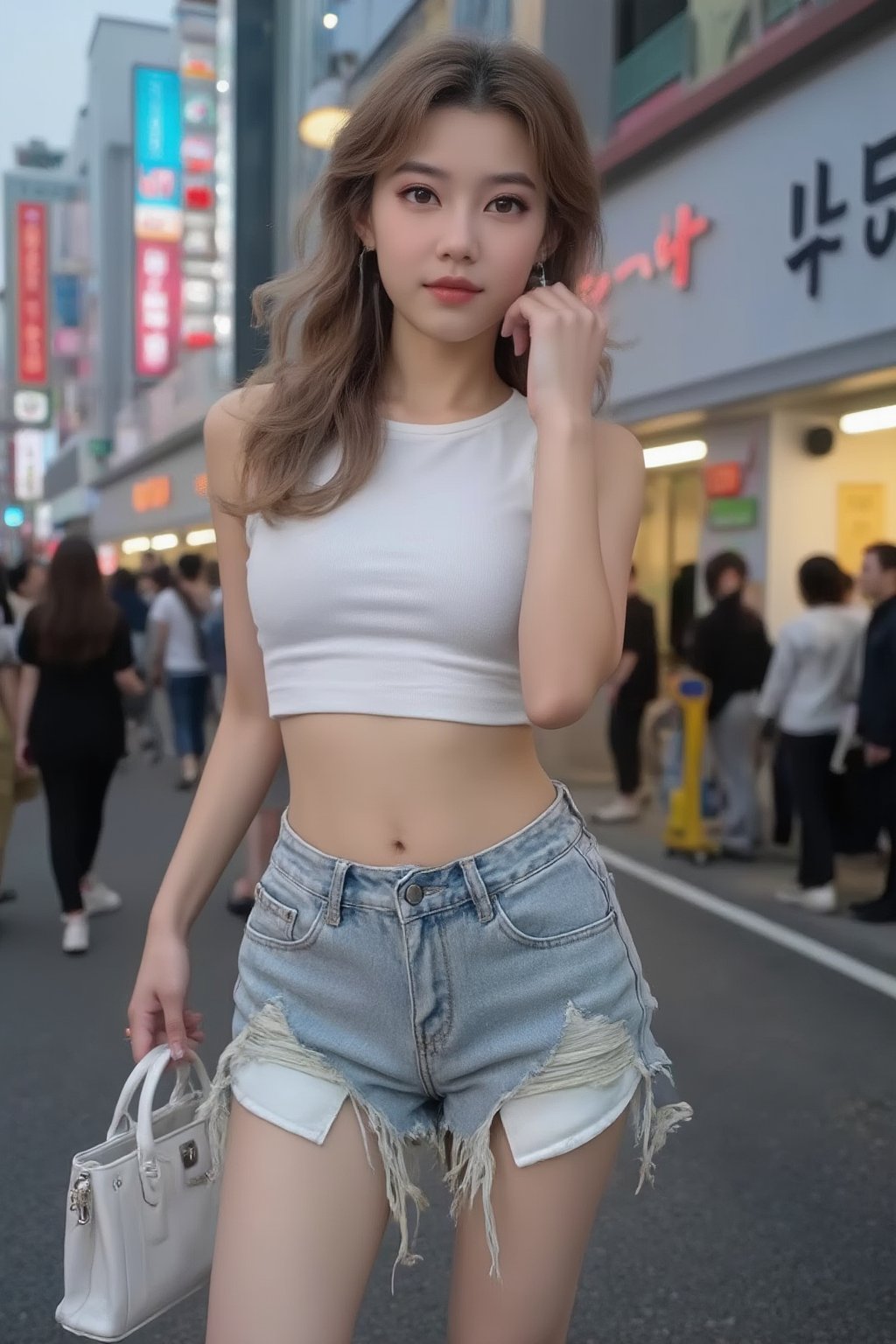 Create a realistic street photography style image of a stylish Korean woman in Seoul. She's wearing light-washed high-waisted denim shorts with pockets peeking out below the hem, paired with a white cropped top. Her medium-length wavy hair is dyed light brown. She's standing on a busy Seoul street with neon signs and crowds in the background. Capture her in a candid pose, as if waiting for someone. Use natural lighting to enhance the urban atmosphere and showcase the fashion details.,Xyunxiao,Xxiaolongnv