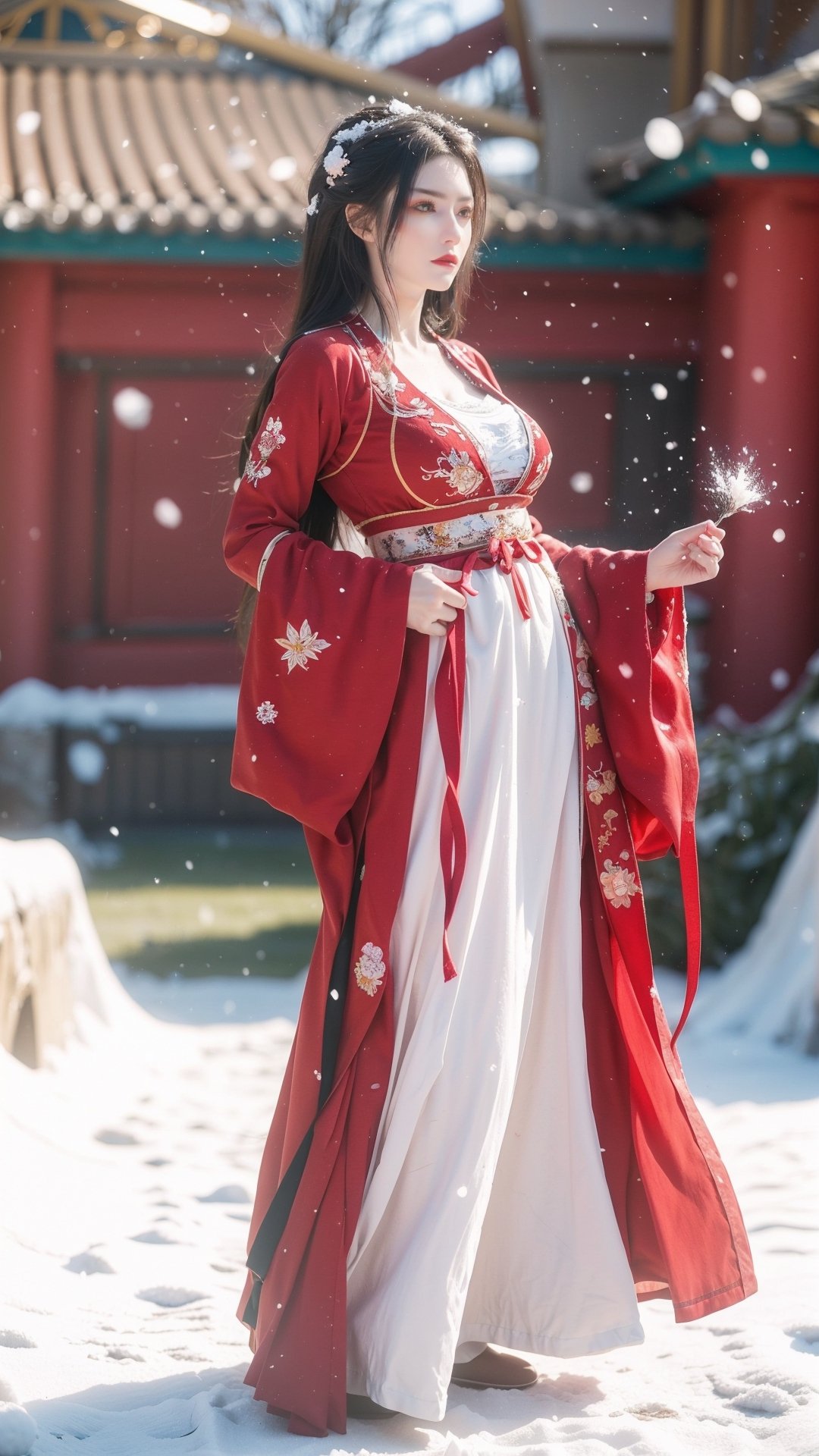 hanfu2, Best Quality, masterpiece, Super High Resolution, (realistic: 1.4) , (Snowing:1.5), 1 girl, (long hair:1.2),  (big breasts:1.59),hanfu,18-year-old,  (best quality, 8k, Masterpiece: 1.3) , exquisite (realistic style) , extreme face, photo-level lighting,  creamy skin, fair skin, high-detail skin, realistic skin details, visible pores, (super-detail) , (perfect body: 1.1) , long hair, (dynamic pose:1.3) , (big breasts:1.6),1girl,long skirt,long sleeves,HOG_Calligraphy_Tatoo,myhanfu,moyou,embroidered flower patterns,tangdynastyhanfu