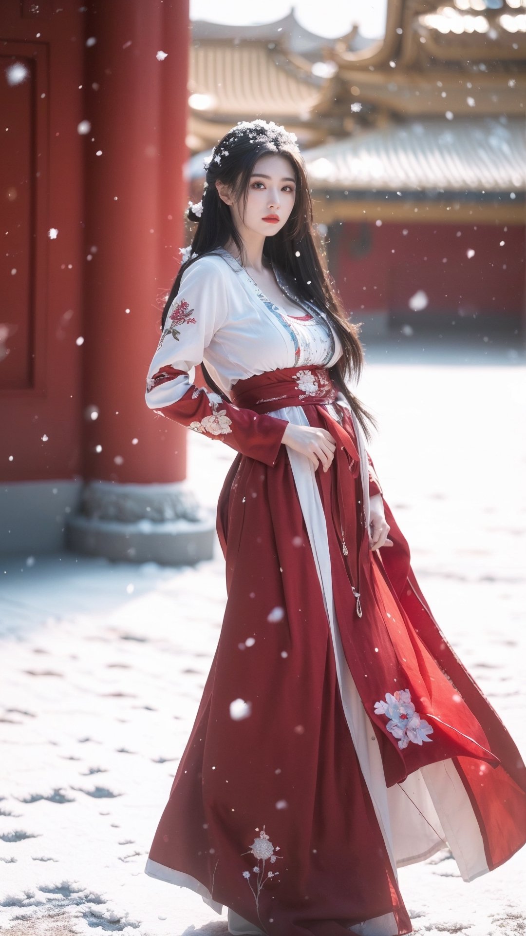 hanfu2, Best Quality, masterpiece, Super High Resolution, (realistic: 1.4) , (Snowing:1.5), 1 girl, (long hair:1.2),  (big breasts:1.59),hanfu,18-year-old,  (best quality, 8k, Masterpiece: 1.3) , exquisite (realistic style) , extreme face, photo-level lighting,  creamy skin, fair skin, high-detail skin, realistic skin details, visible pores, (super-detail) , (perfect body: 1.1) , long hair, (dynamic pose:1.3) , (big breasts:1.6),1girl,long skirt,long sleeves,HOG_Calligraphy_Tatoo,myhanfu,moyou,embroidered flower patterns,tangdynastyhanfu