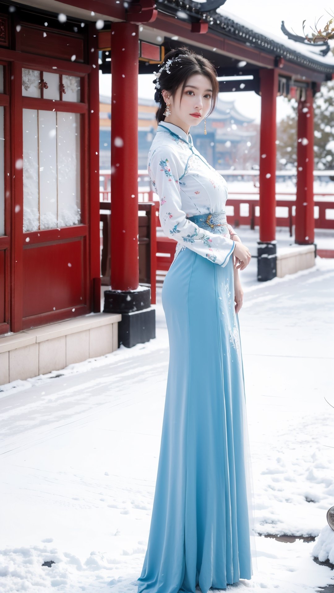 Masterpiece, Best Quality,young and beautiful Chinese girl wearing a cheongsam with coiled hair,wearing vintage Chinese earrings, (big breasts:1.39),1girl, half,arien_hanfu, 1girl, (falling_snow:1.3), looking_at_viewer, , (big breasts:1.39),Young beauty spirit 