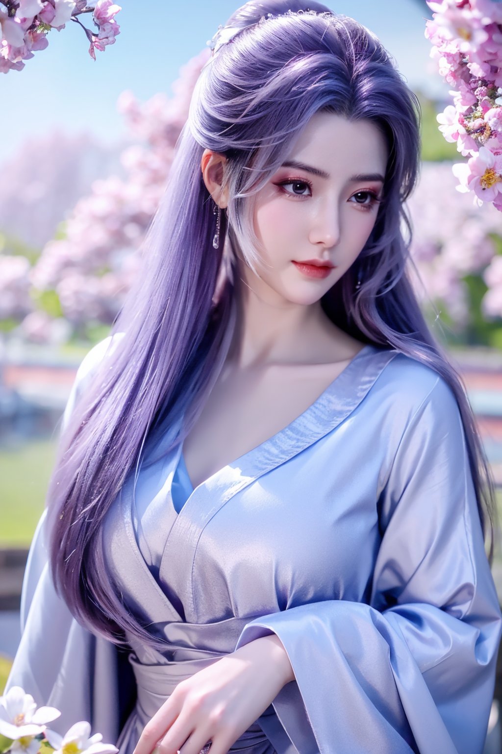 (masterpiece, best quality:1.2), highres, extremely detailed, 1 girl, purple hair, eye highlights,purple dress, frills, outdoors, flower, fluttering petals, upper body, depth of field,pastel color, Depth of field,garden of the sun,shiny,flowers, garden, 1girl, butterfly style, butterflies, ultra detailed, glary,Light, light particles,glitter,reflect,,(big breasts:1.39),Xyunxiao,sky_moon,hanfu