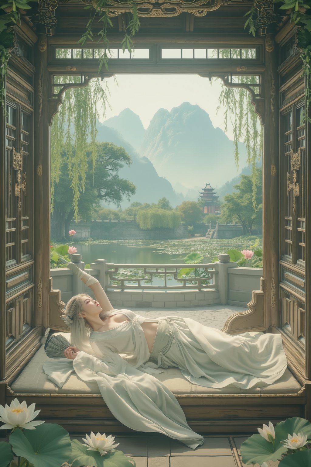 (nude,nsfw:2),((1girl)),solo,lying on back on bamboo mat bed in garden,paper fan,thin hanfu,foggy,(curtain),(bamboo forest),(huge breasts:2.2),(nude,nsfw:2.1),(Spread your legs and expose your vagina:1.55),tiles roof,translucent silk chiffon hanfu,light green and white,off shoulders,chinese painting,gongbi style,water_color,(grapevineman:1.4),(trees, artificial mountain, green lotus  leaves,light pink lotus flowers),koi,wooden windows,doors,bed,stone,trandional architecture,temple,tower,wall,chinese garden,long hair,full body,flat breasts,covered nipples,bangs,(masterpiece, Extremely detailed, best quality, highres:1.2),(ultra_detailed, UHD:1.2),soft smile,nsfw,huyefo,1girl,see-through,sagging breasts,pussy,bsp,daxiushan,daxiushan style,xxmixgirl