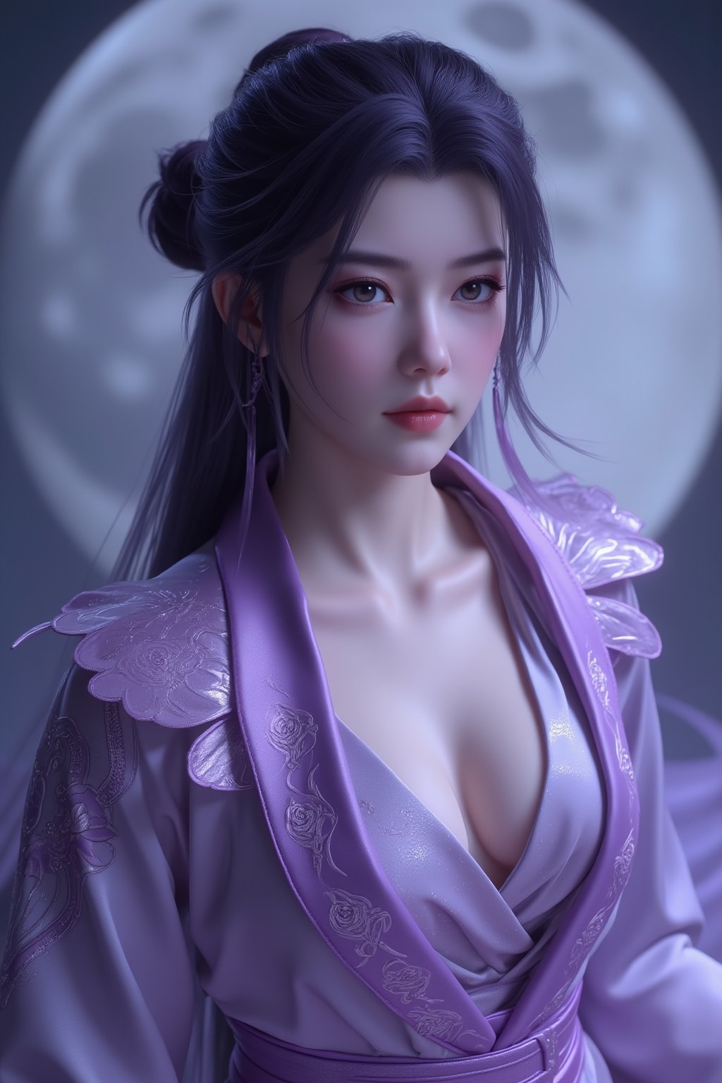 (8k, RAW photo, best quality, masterpiece:1.2), (realistic, photo-realistic:1.2)(raw photo) , detailed and intricate, original,highres,looking at viewer,upper body,black hair,BREAK,(light purple Holographic 
 clothing:1.29),(huge breasts:1.82),Xyunxiao,1girl,(full moon,Peony:1.36),BREAK,(Holographic color Chinese Phoenix pattern embroidery:1.26)