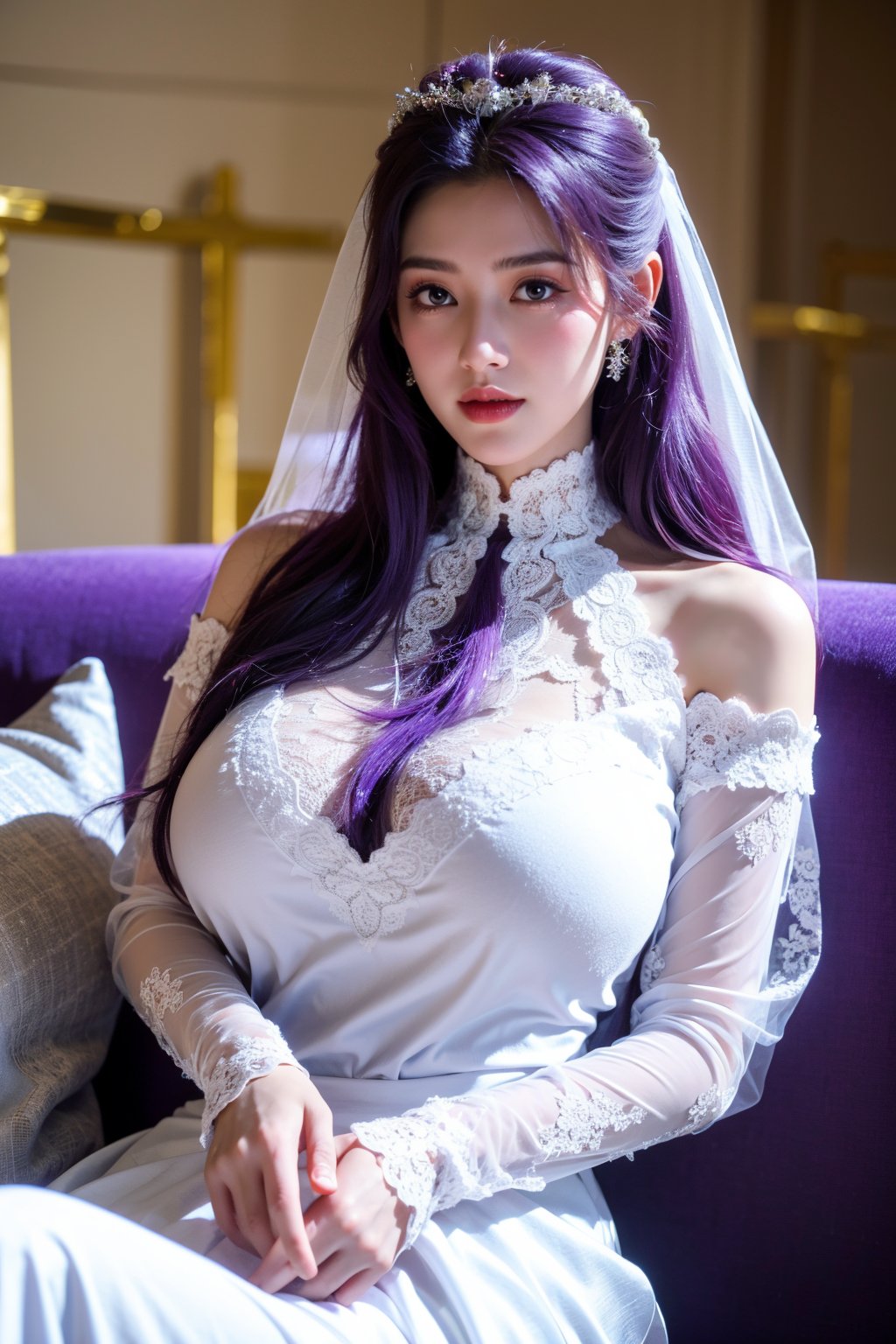 masterpiece,1girl,(mature female:0.5),tall body,golden proportions,(Kpop idol),(shiny skin:1.2),(oil skin:1.1),makeup,(close up),(church background:1.2),depth of field,(closed mouth:0.5),((long wavy purple hair)),(puffy eyes),(eyelashes:1.1),(parted lips:1.1),red lipstick,fantasy art style,dreamy light,(high neck purple wedding dress:1.59),(lace long wedding dress:1.39),perfect body,(dreamy veil:1.3),(dusk:1.2),princess shoes,(diamond necklace),(crystal hairpin),tyndall effect,highres,(Sit on the sofa:1.3),(big breasts:1.79),