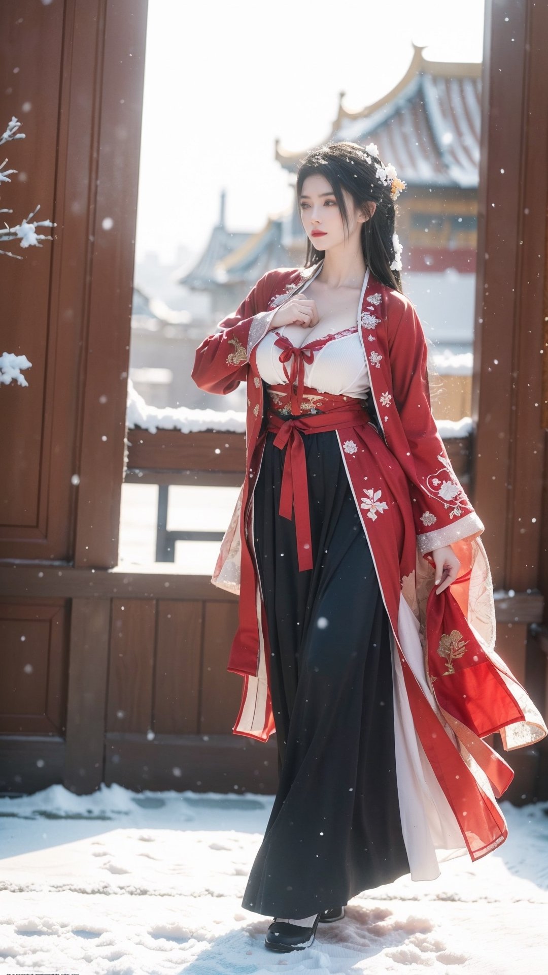 hanfu2, Best Quality, masterpiece, Super High Resolution, (realistic: 1.4) , (Snowing:1.5), 1 girl, (long hair:1.2),  (big breasts:1.59),hanfu,18-year-old,  (best quality, 8k, Masterpiece: 1.3) , exquisite (realistic style) , extreme face, photo-level lighting,  creamy skin, fair skin, high-detail skin, realistic skin details, visible pores, (super-detail) , (perfect body: 1.1) , long hair, (dynamic pose:1.3) , (big breasts:1.6),1girl,long skirt,long sleeves,HOG_Calligraphy_Tatoo,myhanfu,moyou,embroidered flower patterns,tangdynastyhanfu