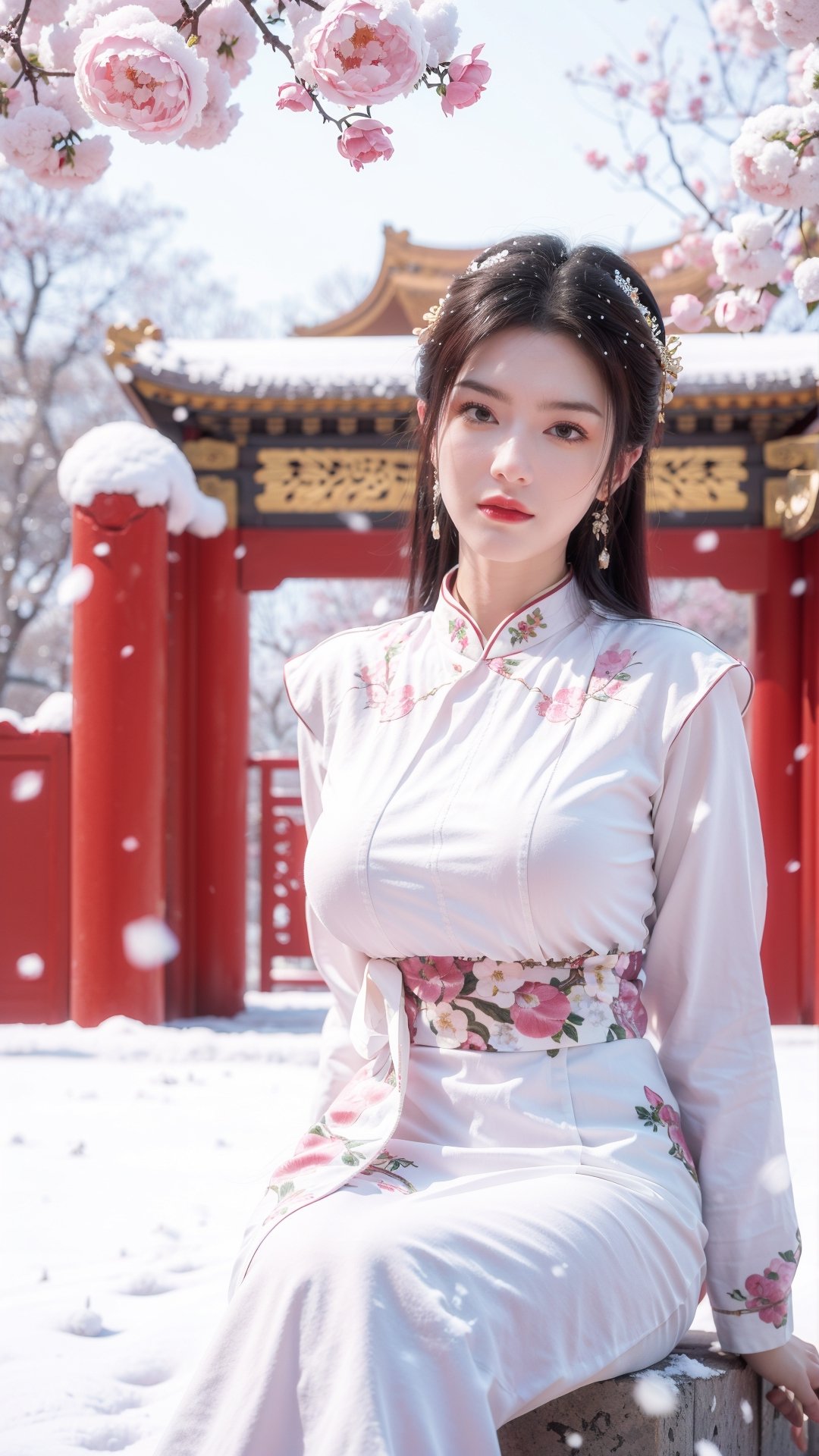 Masterpiece, Best Quality,young and beautiful Chinese girl wearing a cheongsam with coiled hair, , wearing vintage Chinese earrings, (big breasts:1.39),in front of the Forbidden City, with a large aperture portrait lens,(big breasts:1.3),embroidered flower patterns,(Peonies, cherry blossoms, plum blossoms:1.3), (snow:1.5),,  qipao,(Looking into the camera:1.3), (sitting under the tree:1.3)