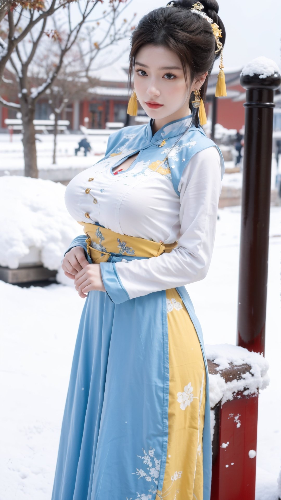 Masterpiece, Best Quality,young and beautiful Chinese girl wearing a cheongsam with coiled hair,wearing vintage Chinese earrings, (big breasts:1.3),1girl, half,(red|blue|yellow hanfu:1.2),arien_hanfu, 1girl, (falling_snow:1.3), looking_at_viewer, , (big breasts:1.39),Young beauty spirit 