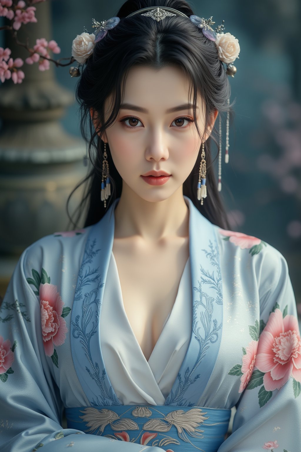 (8k, RAW photo, best quality, masterpiece:1.2), (realistic, photo-realistic:1.2)(raw photo) , detailed and intricate, original,highres,looking at viewer,upper body,black hair,BREAK,(light blue hanfu:1.29),(huge breasts:2.39),Xyunxiao,1girl,(full moon,Peony:1.36),BREAK,(Chinese Phoenix pattern embroidery:1.26),wonder beauty