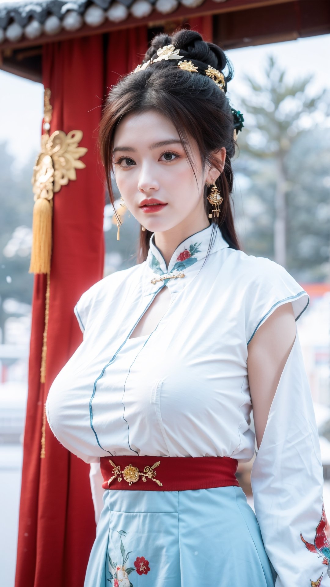 Masterpiece, Best Quality,young and beautiful Chinese girl wearing a cheongsam with coiled hair,wearing vintage Chinese earrings, (big breasts:1.3),1girl, half,(red|blue|yellow hanfu:1.2),arien_hanfu, 1girl, (falling_snow:1.3), looking_at_viewer, , (big breasts:1.39),Young beauty spirit 