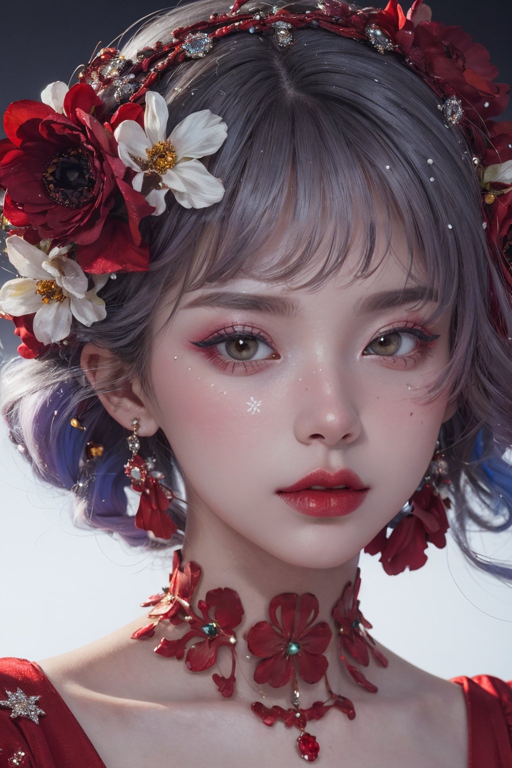 red theme,  snowflakes,  looking at viewer,  portrait,  colorful hair,  jewelry,  close up,  ultra high res,  deep shadow, (best quality,  masterpiece),  dimly lit,  shade, highly detailed,  bold makeup,  flower,  solid color background,  depth of field,  film grain,  fashion_girl,  accessories, High detailed, ,fashion_girl,dream_girl