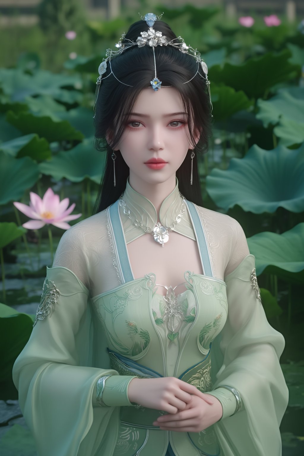 (8k, RAW photo, best quality, masterpiece:1.2), (realistic, photo-realistic:1.2)(raw photo) , detailed and intricate, original,highres,looking at viewer,upper body,black hair,BREAK,(light green 
 clothing:1.39),(huge breasts:2.29),Xyunxiao,1girl,(full moon,Peony:1.36),BREAK,( Chinese Phoenix pattern embroidery:1.26),Xxiaolongnv,Xlimuwan,Xjiuweihu,(Mid-Autumn Festival theme, moon cakes, jade rabbit, lanterns, fireworks:1.36), (lotus, lotus pond:1.39)