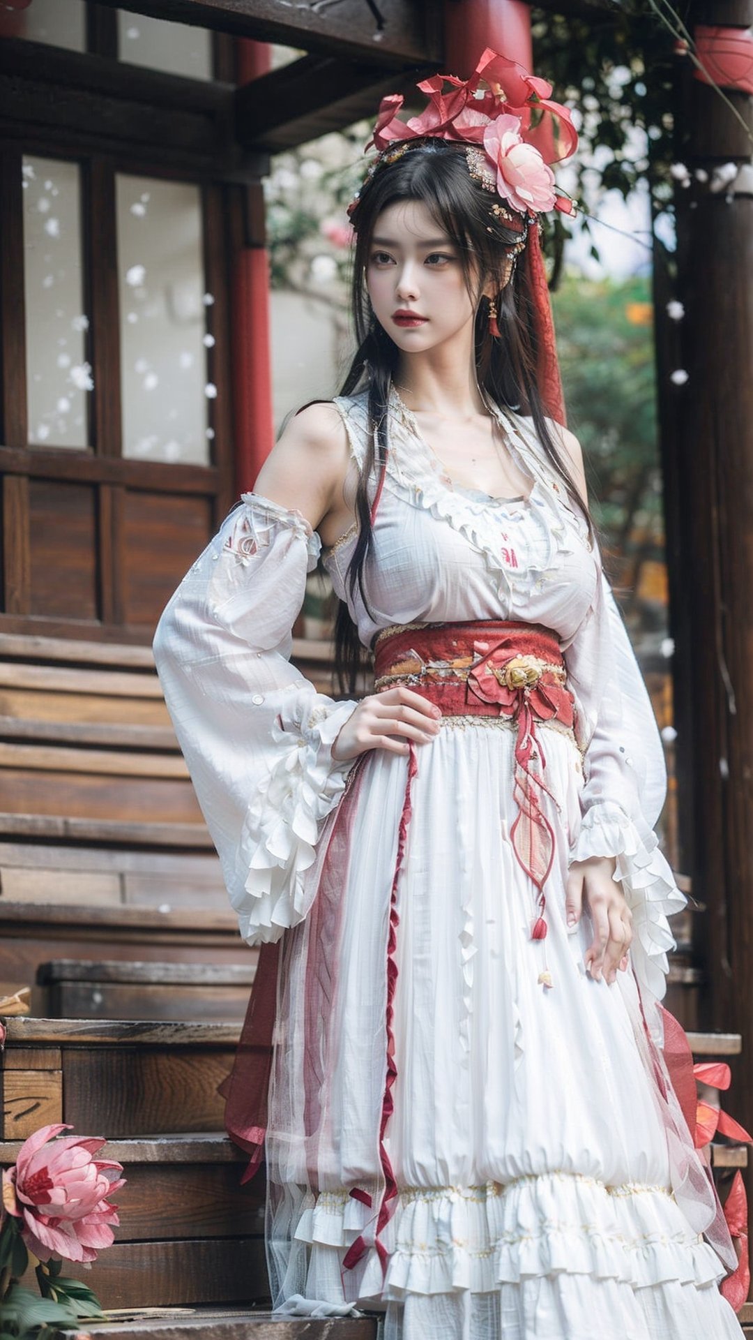 hanfu, Best Quality, masterpiece, (Snowing:1.3),1 girl, (long hair:1.2),  (big breasts:1.89),(Upper body photo:1.3),hanfu,18-year-old , exquisite , extreme face,creamy skin, fair skin,realistic skin details, (super-detail) , long hair, (big breasts:1.69),1girl,long skirt,long sleeves,(Peony flowers, plum blossoms:1.5),(flower:1.3),tangdynastyhanfu, hanfu2,myhanfu, chang,Sit on the steps, hands on hips,embroidered flower patterns,hanfulolita