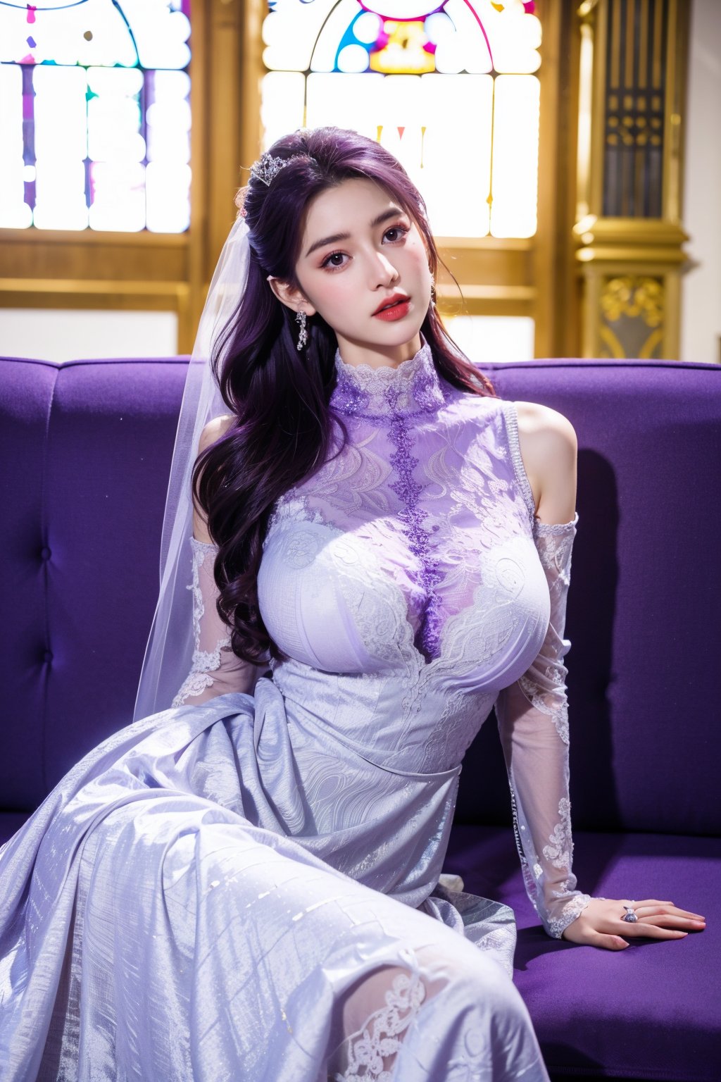 masterpiece,1girl,(mature female:0.5),tall body,golden proportions,(Kpop idol),(shiny skin:1.2),(oil skin:1.1),makeup,(close up),(church background:1.2),depth of field,(closed mouth:0.5),((long wavy purple hair)),(puffy eyes),(eyelashes:1.1),(parted lips:1.1),red lipstick,fantasy art style,dreamy light,(high neck purple wedding dress:1.59),(lace long wedding dress:1.39),perfect body,(dreamy veil:1.3),(dusk:1.2),princess shoes,(diamond necklace),(crystal hairpin),tyndall effect,highres,(Sit on the sofa:1.3),(big breasts:1.79),