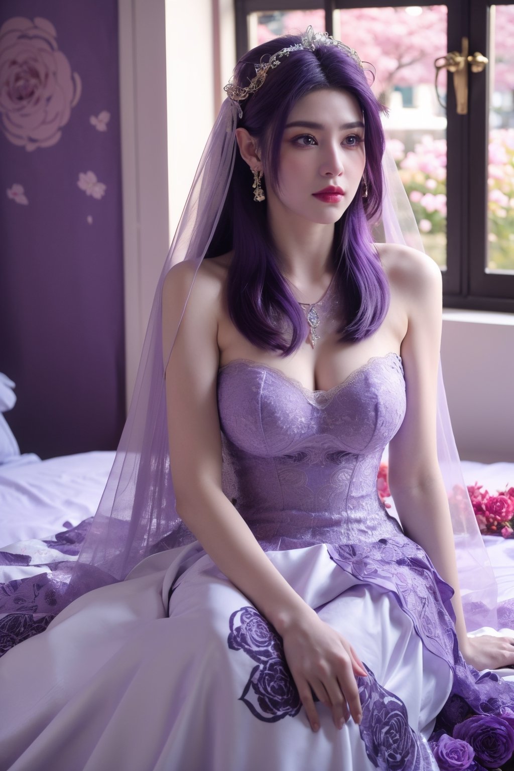 masterpiece,1girl,(mature female:0.5),tall body,full  body,golden proportions,(Kpop idol),(shiny skin:1.2),(oil skin:1.1),makeup,(close up),depth of field,(closed mouth:0.5),(purple hair:1.5),(very long hair:1.36),(puffy eyes),(eyelashes:1.1),(parted lips:1.1),red lipstick,fantasy art style,dreamy light,(purple wedding dress:1.59),(High neckline purple long wedding dress:1.39),(lace:1.49),perfect body,(purple dreamy veil:1.3),(dusk:1.2),(purple princess shoes:1.1),(diamond necklace),(crystal hairpin),tyndall effect,highres,(sitting on a bed:1.59),(The room is covered with colorful roses:1.79), (big breasts:2.29),(The background window is a seaside scenery with cherry blossoms in full bloom:1.69),(Purple themed room with purple decoration:1.59)