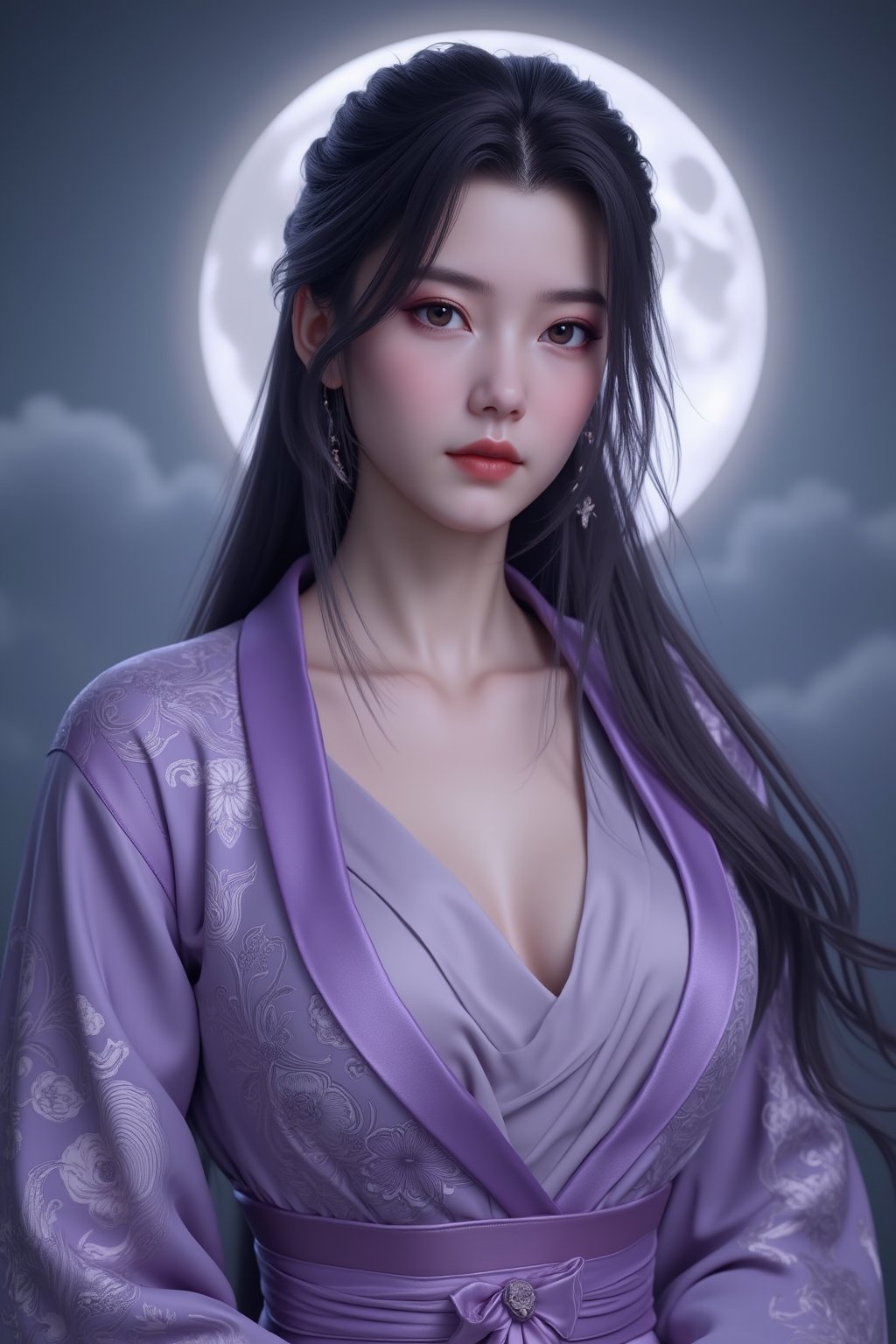 (8k, RAW photo, best quality, masterpiece:1.2), (realistic, photo-realistic:1.2)(raw photo) , detailed and intricate, original,highres,looking at viewer,upper body,black hair,BREAK,(light purple clothing:1.29),(huge breasts:1.82),Xyunxiao,1girl,(full moon,Peony:1.36),BREAK,(Chinese Phoenix pattern embroidery:1.26)