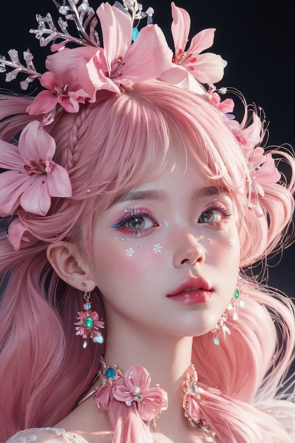 pink theme,  snowflakes,  looking at viewer,  portrait,  colorful hair,  jewelry,  close up,  ultra high res,  deep shadow, (best quality,  masterpiece),  dimly lit,  shade, highly detailed,  bold makeup,  flower,  simple background,  depth of field,  film grain,  fashion_girl,  accessories, High detailed, ,fashion_girl