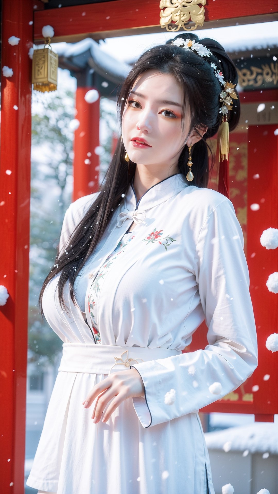 Masterpiece, Best Quality,young and beautiful Chinese girl wearing a cheongsam with coiled hair, , wearing vintage Chinese earrings, (big breasts:1.39),1girl, half, (Masterpiece:1.2), best quality, arien_hanfu, 1girl, (falling_snow:1.3), looking_at_viewer, , (big breasts:1.5),