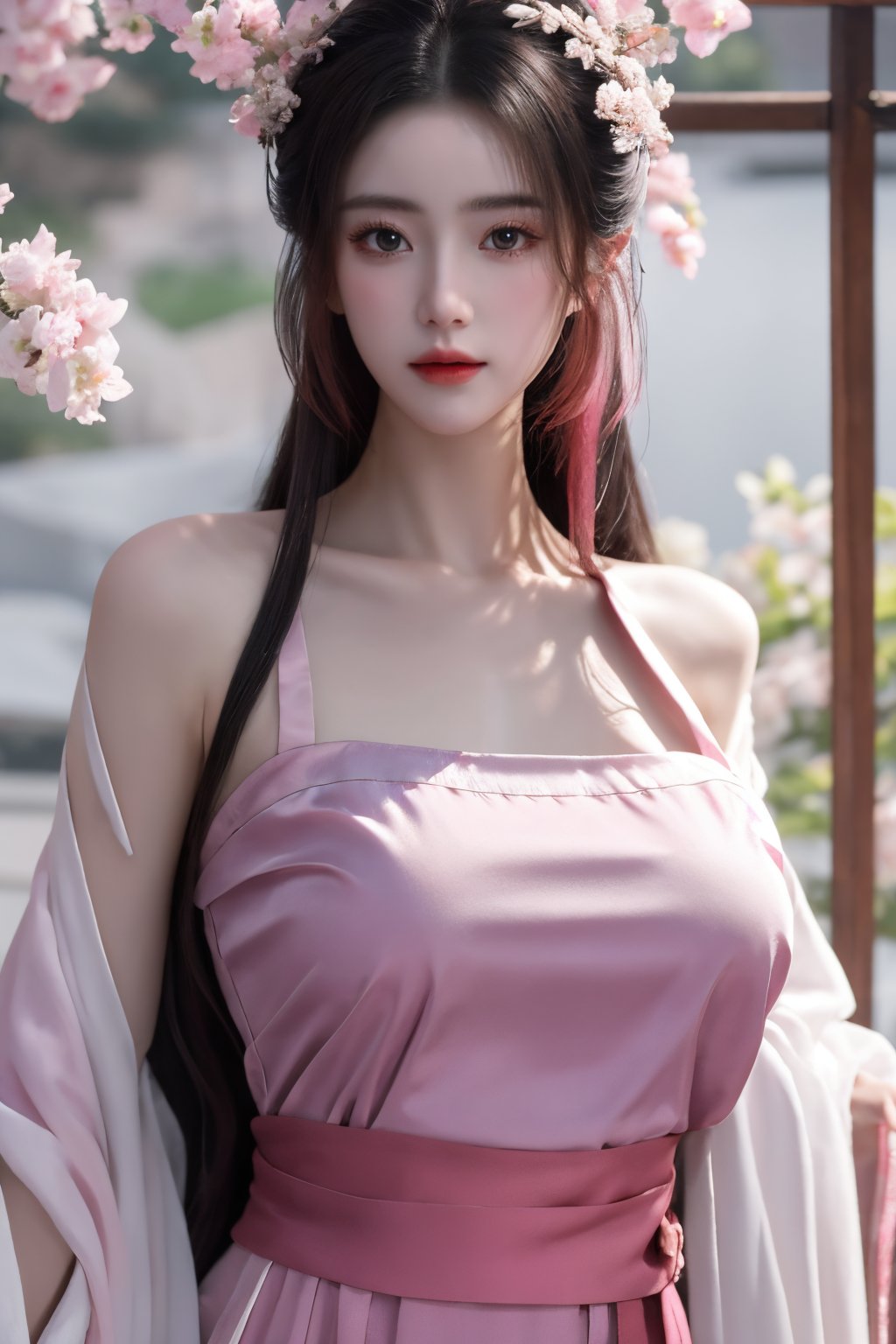 (8k, RAW photo, best quality, masterpiece:1.2), (realistic, photo-realistic:1.2)(raw photo) (extremely detailed CG unity 8k wallpaper) detailed and intricate, original,highres,1girl,long hair,(long hanfu dress:1.23),looking at viewer,upper body,(light pink clothing:1.39),(big breasts:1.52),Xyunxiao,1girl,Xziling,underwear,Dudou,dudou