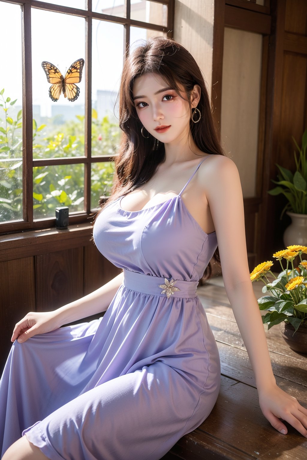 (masterpiece, best quality:1.2), highres, extremely detailed, 1girl,(light purple Chiffon dress:1.23),looking at viewer,indoors, Xyunxiao,Yunxiao_Fairy, (big breasts:1.58),Depth of field,garden of the sun,shiny,flowers, garden, 1girl, butterfly style, butterflies, ultra detailed, glary,Light, light particles,glitter,reflect,