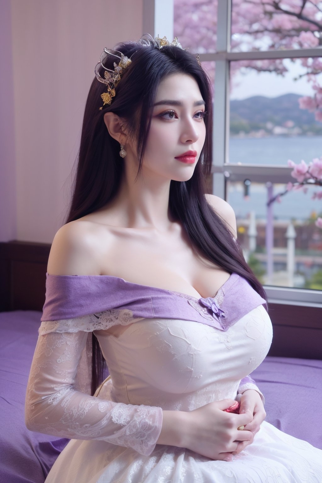 masterpiece,1girl,(mature female:0.5),tall body,full  body,golden proportions,(Kpop idol),(shiny skin:1.2),(oil skin:1.1),makeup,(close up),depth of field,(closed mouth:0.5),(purple long hair:1.5),(very long hair:1.36),(puffy eyes),(eyelashes:1.1),(parted lips:1.1),red lipstick,fantasy art style,dreamy light,(purple wedding dress:1.59),(Off Shoulder purple long wedding dress:1.39),(lace:1.49),perfect body,(purple dreamy veil:1.3),(dusk:1.2),(purple princess shoes:1.1),(diamond necklace),(crystal hairpin),tyndall effect,highres,(sitting on a bed:1.59),(The room is covered with colorful roses:1.79), (big breasts:2.59),(The background window is a seaside scenery with cherry blossoms in full bloom:1.69),(Purple themed room with purple decoration:1.59)