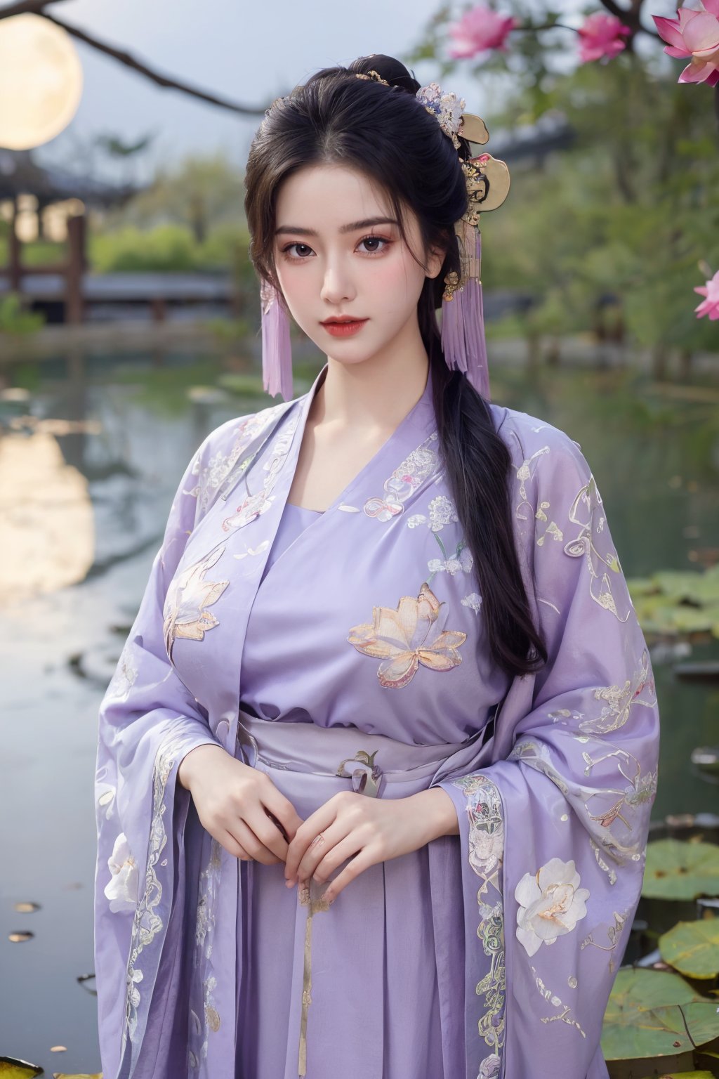 (masterpiece, best quality:1.2), highres, extremely detailed, 1 girl, purple hair, eye highlights,(light purple hanfu dress:1.33), frills, outdoors, flower, fluttering petals, upper body, depth of field,pastel color, Depth of field,garden of the sun,shiny,flowers, garden, 1girl, butterfly style, butterflies, ultra detailed, glary,Light, light particles,glitter,reflect,(Ancient Chinese pattern embroidery:1.59),(big breasts:1.69),Xyunxiao,(full moon,Lotus Pond:1.51)