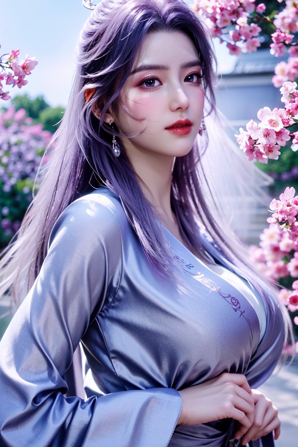 (masterpiece, best quality:1.2), highres, extremely detailed, 1 girl, purple hair, eye highlights,purple dress, frills, outdoors, flower, fluttering petals, upper body, depth of field,pastel color, Depth of field,garden of the sun,shiny,flowers, garden, 1girl, butterfly style, butterflies, ultra detailed, glary,Light, light particles,glitter,reflect,,(big breasts:1.39),Xyunxiao,sky_moon,hanfu