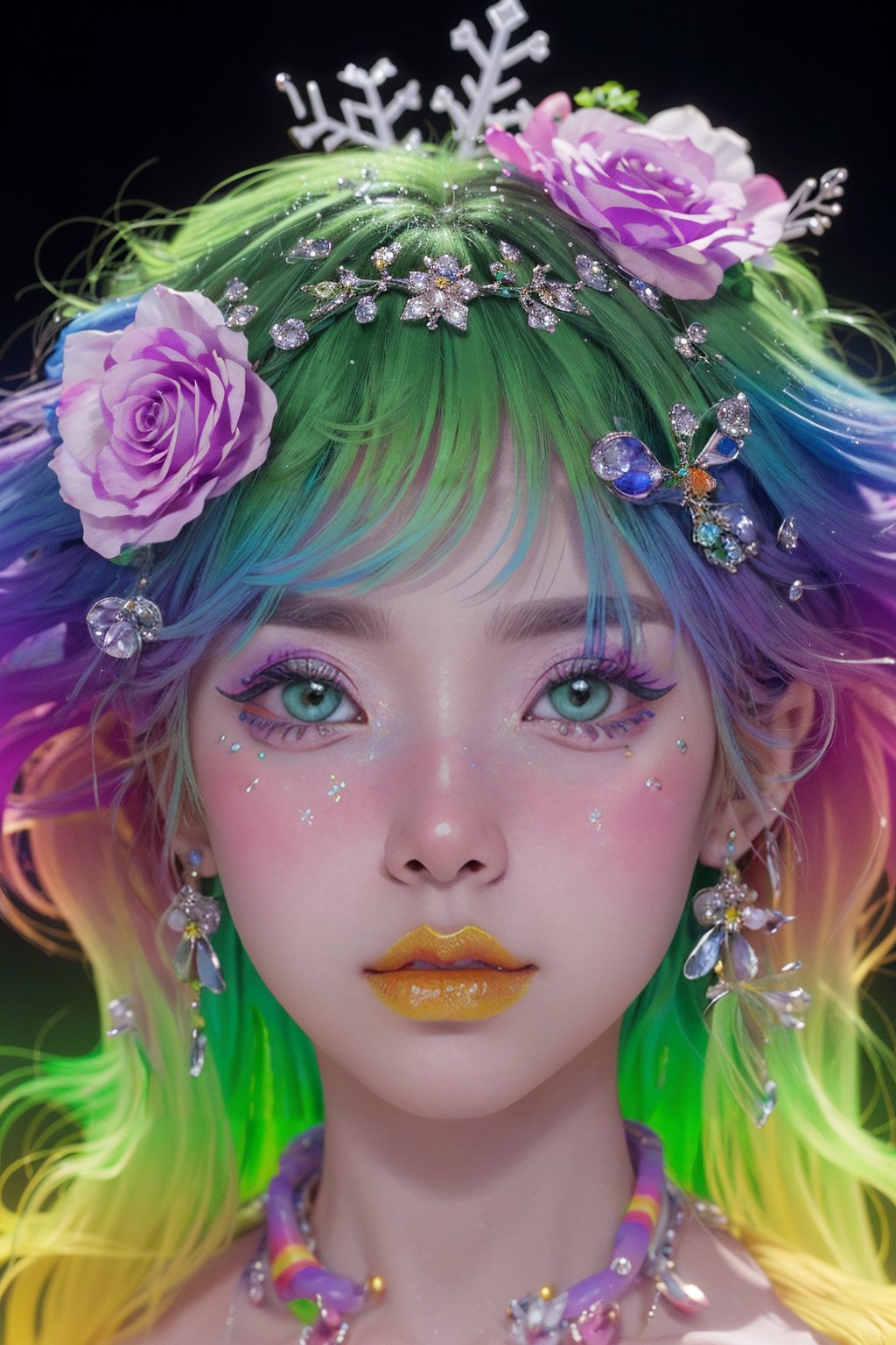 green theme,  snowflakes,  looking at viewer,  portrait,  colorful hair,  jewelry,  close up,  ultra high res,  deep shadow, (best quality,  masterpiece),  dimly lit,  shade, highly detailed,  bold makeup,  flower,  (rainbow gradient background:1.2),  depth of field,  film grain,  fashion_girl,  accessories, High detailed, ,fashion_girl,Young beauty spirit 