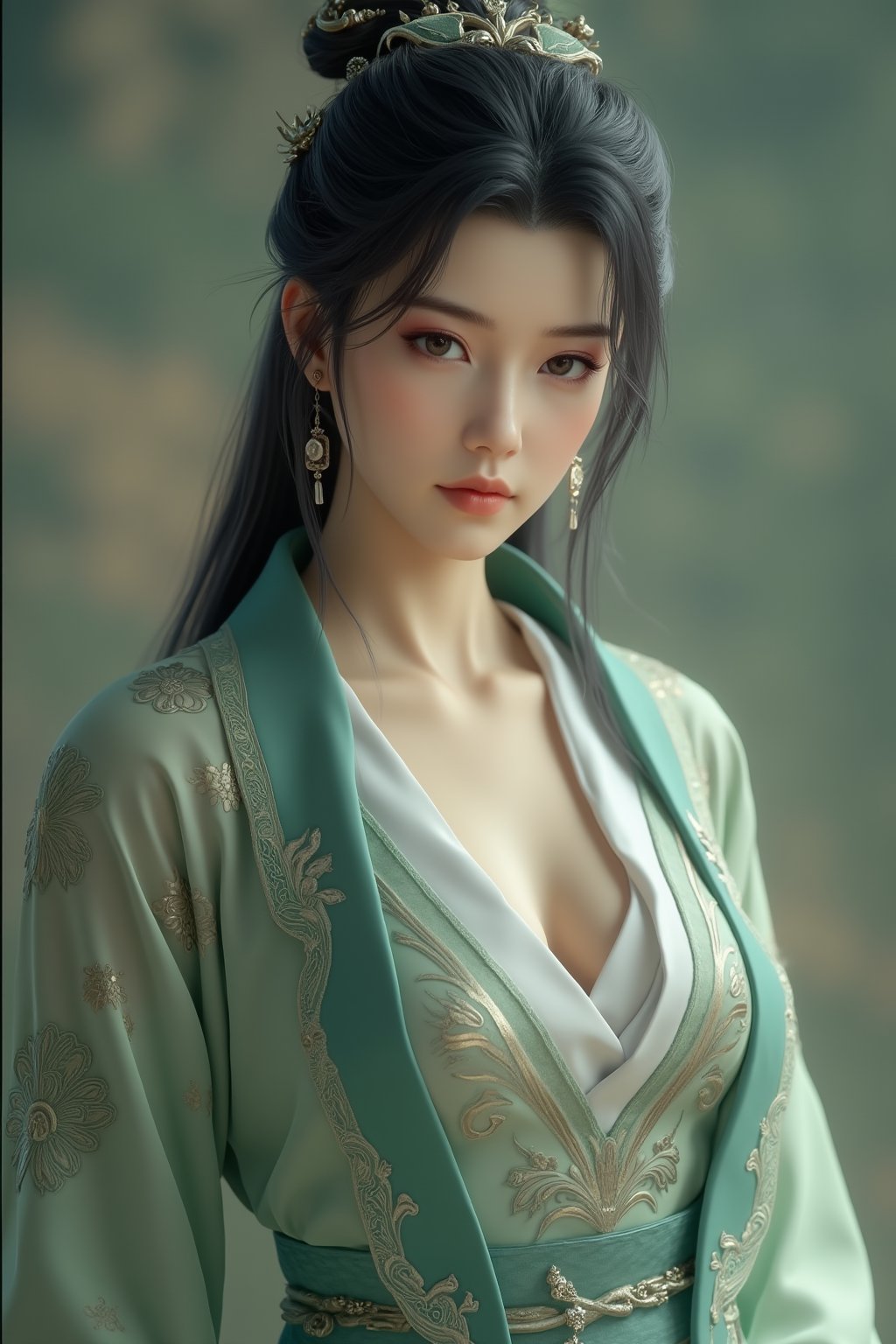 (8k, RAW photo, best quality, masterpiece:1.2), (realistic, photo-realistic:1.2)(raw photo) , detailed and intricate, original,highres,looking at viewer,upper body,black hair,BREAK,(light green hanfu:1.29),(huge breasts:2.3),Xyunxiao,1girl,(full moon,Peony:1.36),BREAK,(Chinese Phoenix pattern embroidery:1.26),wonder beauty