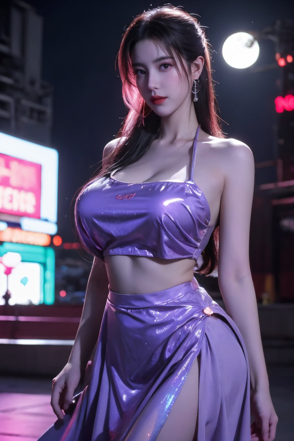 (masterpiece, best quality:1.3),Nights,(Cyberpunk:1.29), (neon lights:1.46), glowing earrings, realistic, pub,1girl, solo, looking at viewer, (Holographic light purple dress:1.29),realistic, midriff, bare shoulders, standting, hair ornament, long hair, jewelry, Pleated Skirt, purple long skirt, cowboy shot,Xyunxiao, ,(huge breasts:1.56),(full moon,rose:1.39)