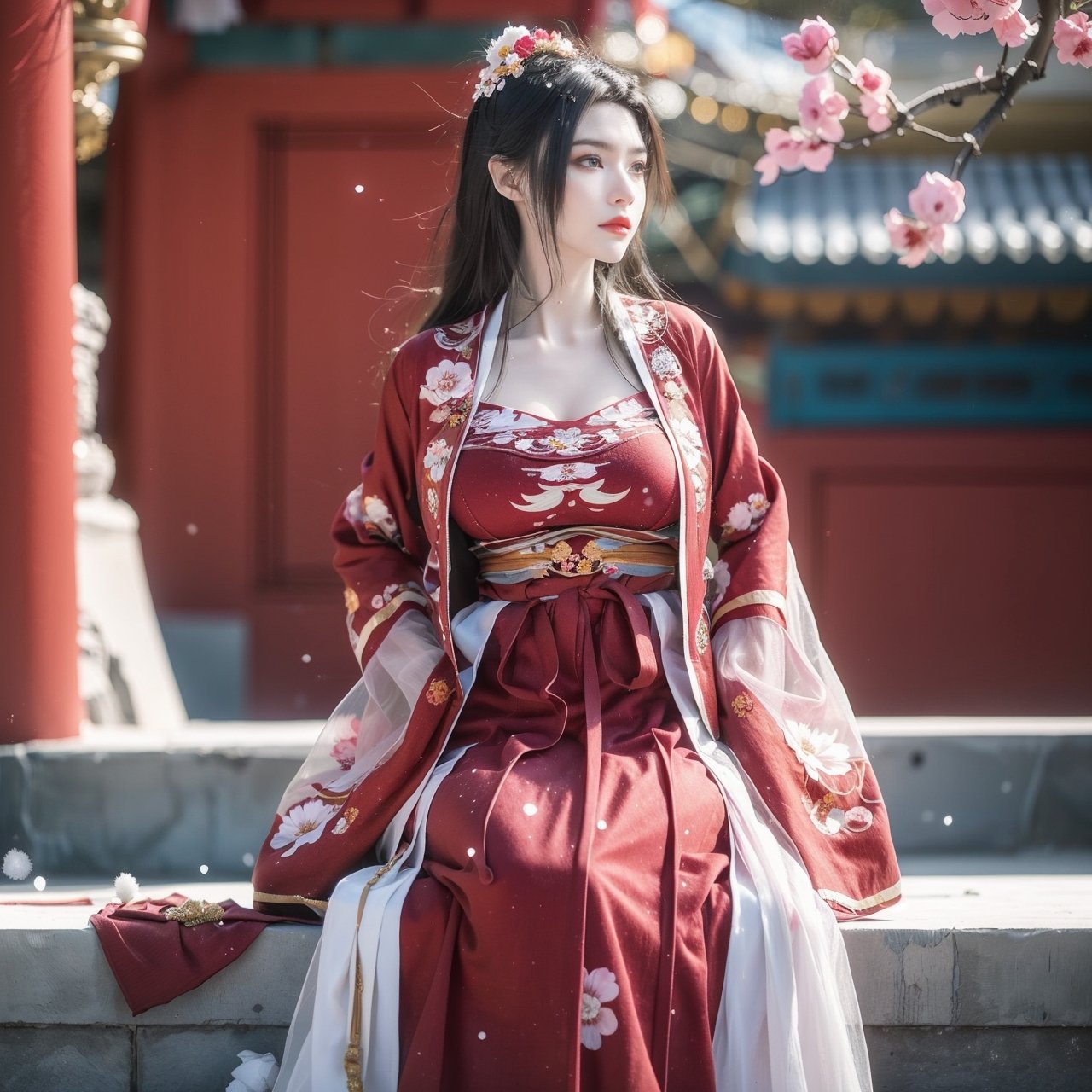 hanfu, Best Quality, masterpiece, (Snowing:1.3),1 girl, (long hair:1.2),  (big breasts:1.89),(Upper body photo:1.3),hanfu,18-year-old , exquisite , extreme face,creamy skin, fair skin,realistic skin details, (super-detail) , long hair, (big breasts:1.69),1girl,long skirt,long sleeves,(Peony flowers, plum blossoms:1.5),(flower:1.3),tangdynastyhanfu, hanfu2,myhanfu, chang,Sit on the steps, hands on hips