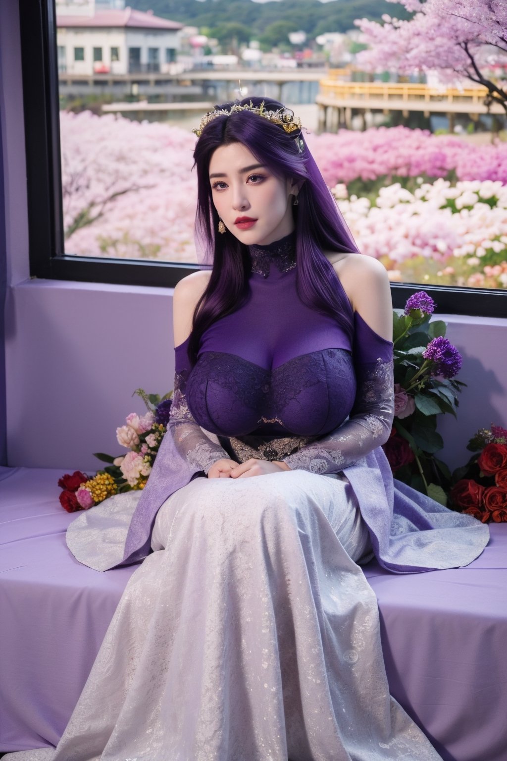 masterpiece,1girl,(mature female:0.5),tall body,full  body,golden proportions,(Kpop idol),(shiny skin:1.2),(oil skin:1.1),makeup,(close up),depth of field,(closed mouth:0.5),(purple hair:1.5),(very long hair:1.36),(puffy eyes),(eyelashes:1.1),(parted lips:1.1),red lipstick,fantasy art style,dreamy light,(purple wedding dress:1.59),(High Neck purple long wedding dress:1.39),(lace:1.49),perfect body,(purple dreamy veil:1.3),(dusk:1.2),(purple princess shoes:1.1),(diamond necklace),(crystal hairpin),tyndall effect,highres,(sitting on a bed:1.59),(The room is covered with colorful roses:1.79), (big breasts:2.59),(The background window is a seaside scenery with cherry blossoms in full bloom:1.69),(Purple themed room with purple decoration:1.59)