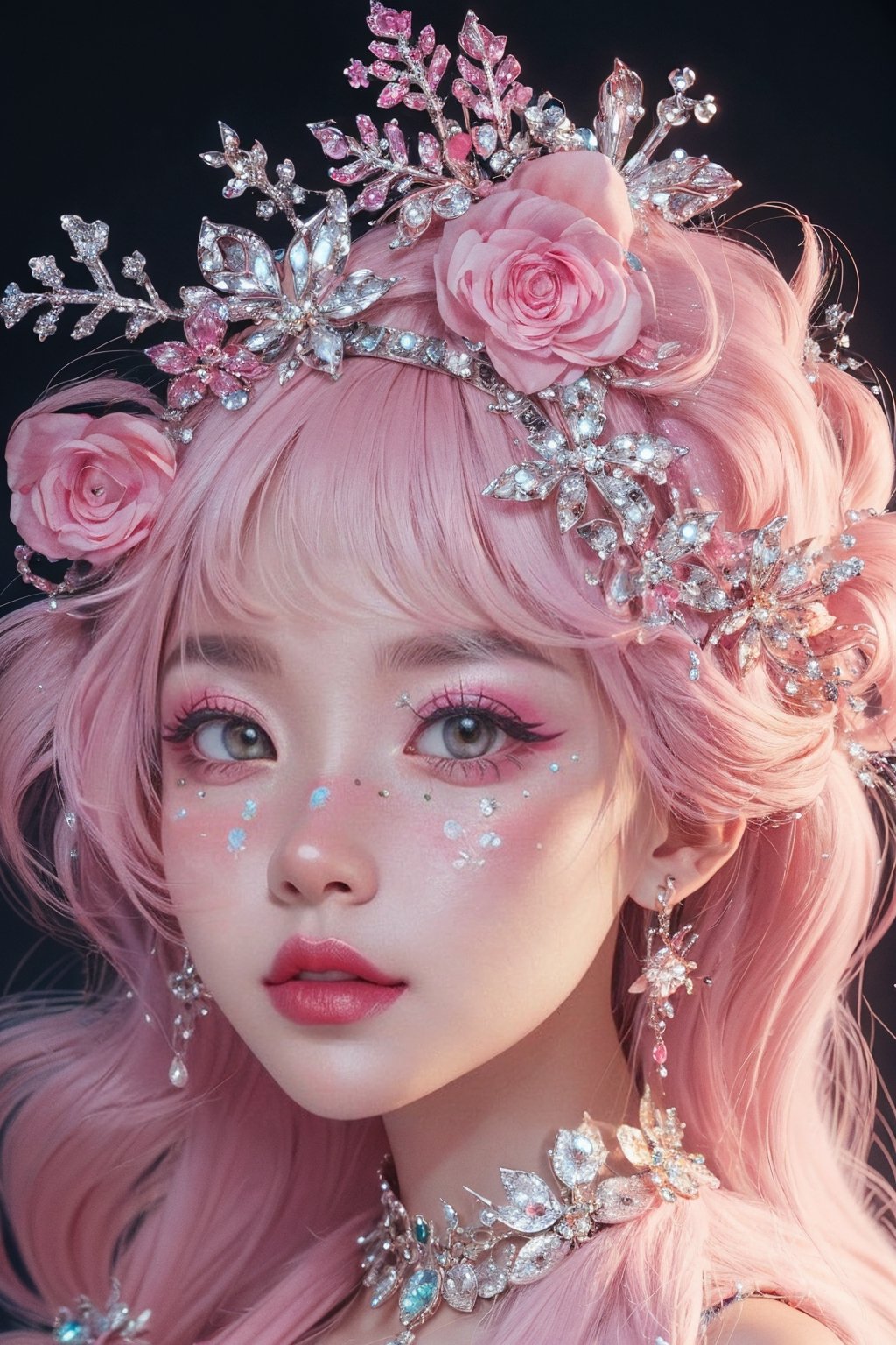 pink theme,  snowflakes,  looking at viewer,  portrait,  colorful hair,  jewelry,  close up,  ultra high res,  deep shadow, (best quality,  masterpiece),  dimly lit,  shade, highly detailed,  bold makeup,  flower,  simple background,  depth of field,  film grain,  fashion_girl,  accessories, High detailed, ,fashion_girl