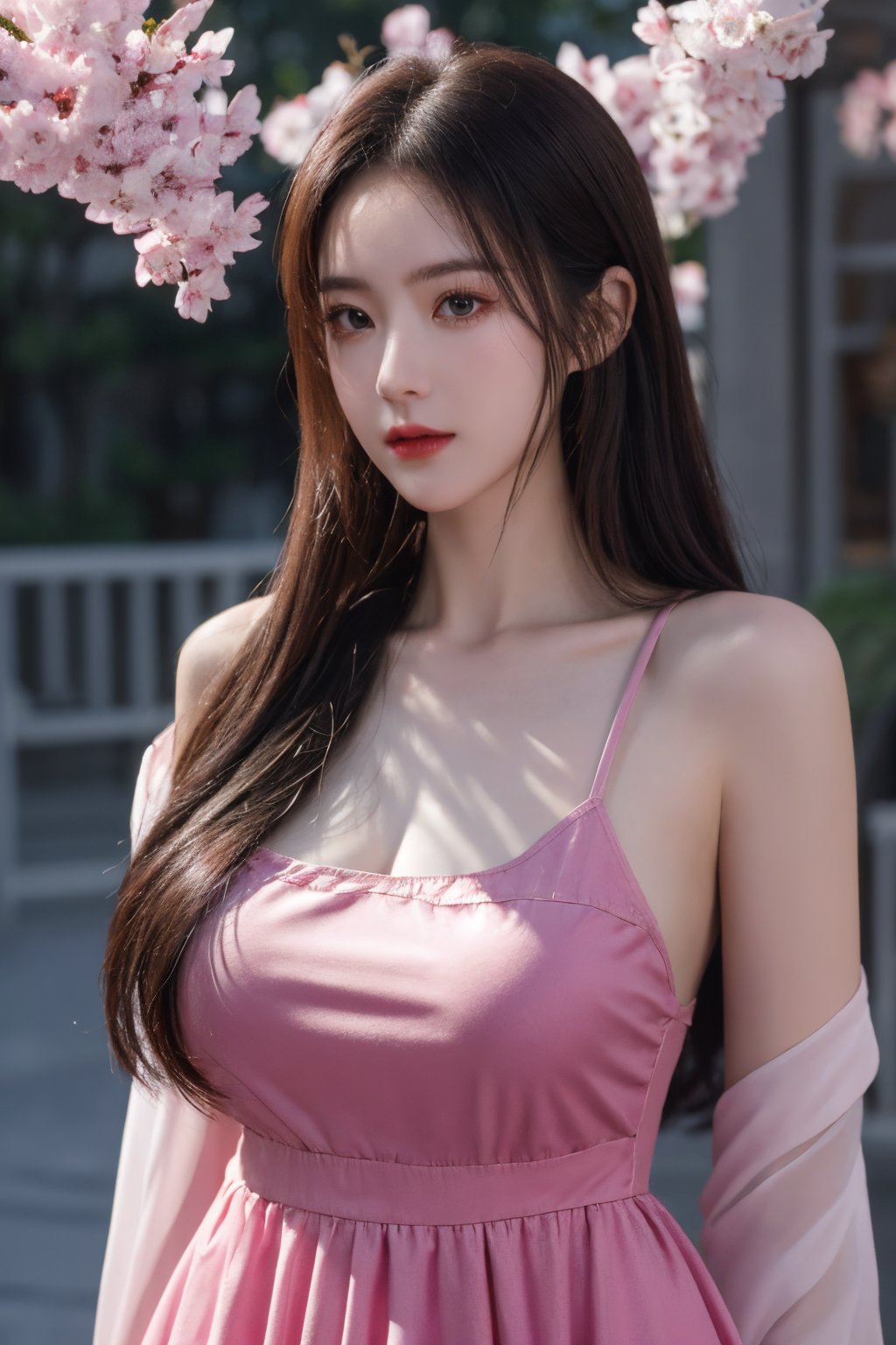 (8k, RAW photo, best quality, masterpiece:1.2), (realistic, photo-realistic:1.2)(raw photo) (extremely detailed CG unity 8k wallpaper) detailed and intricate, original,highres,[1girl:background:0.6],long hair,(long dress:1.23),looking at viewer,upper body,(light pink clothing:1.23),(big breasts:1.52),Xyunxiao,1girl,Xziling,underwear,Dudou,dudou