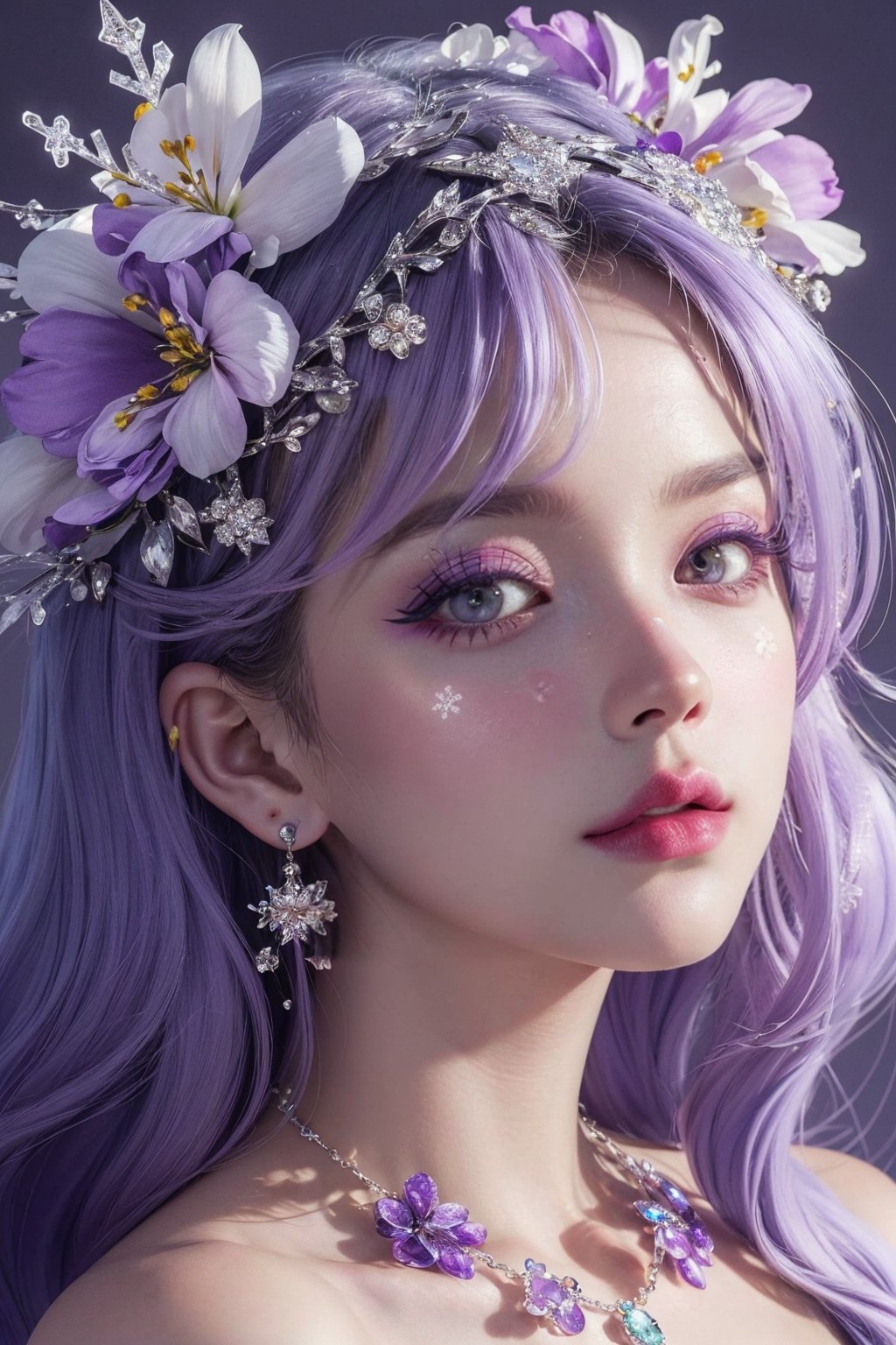 light purple theme,  snowflakes,  looking at viewer,  portrait,  colorful hair,  jewelry,  close up,  ultra high res,  deep shadow, (best quality,  masterpiece),  dimly lit,  shade, highly detailed,  bold makeup,  flower,  solid color background,  depth of field,  film grain,  fashion_girl,  accessories, High detailed, ,fashion_girl,dream_girl